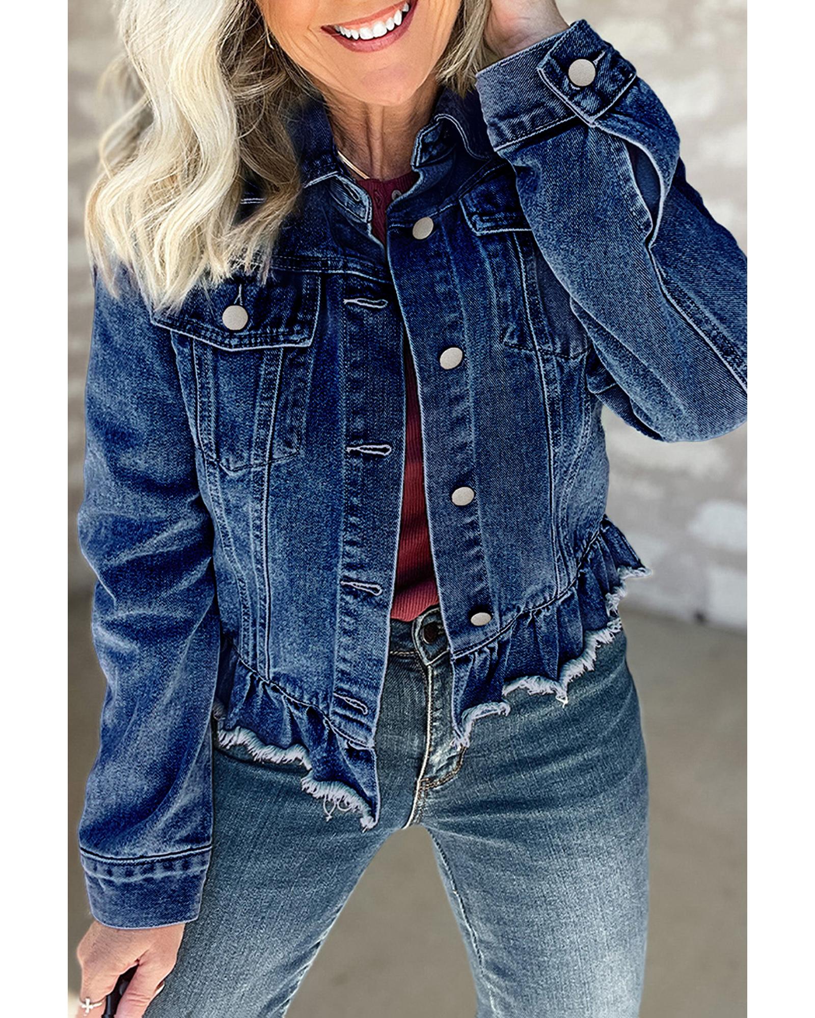 Navy Blue Ruffle Raw Hem Flap Pockets Denim Jacket - 2XL