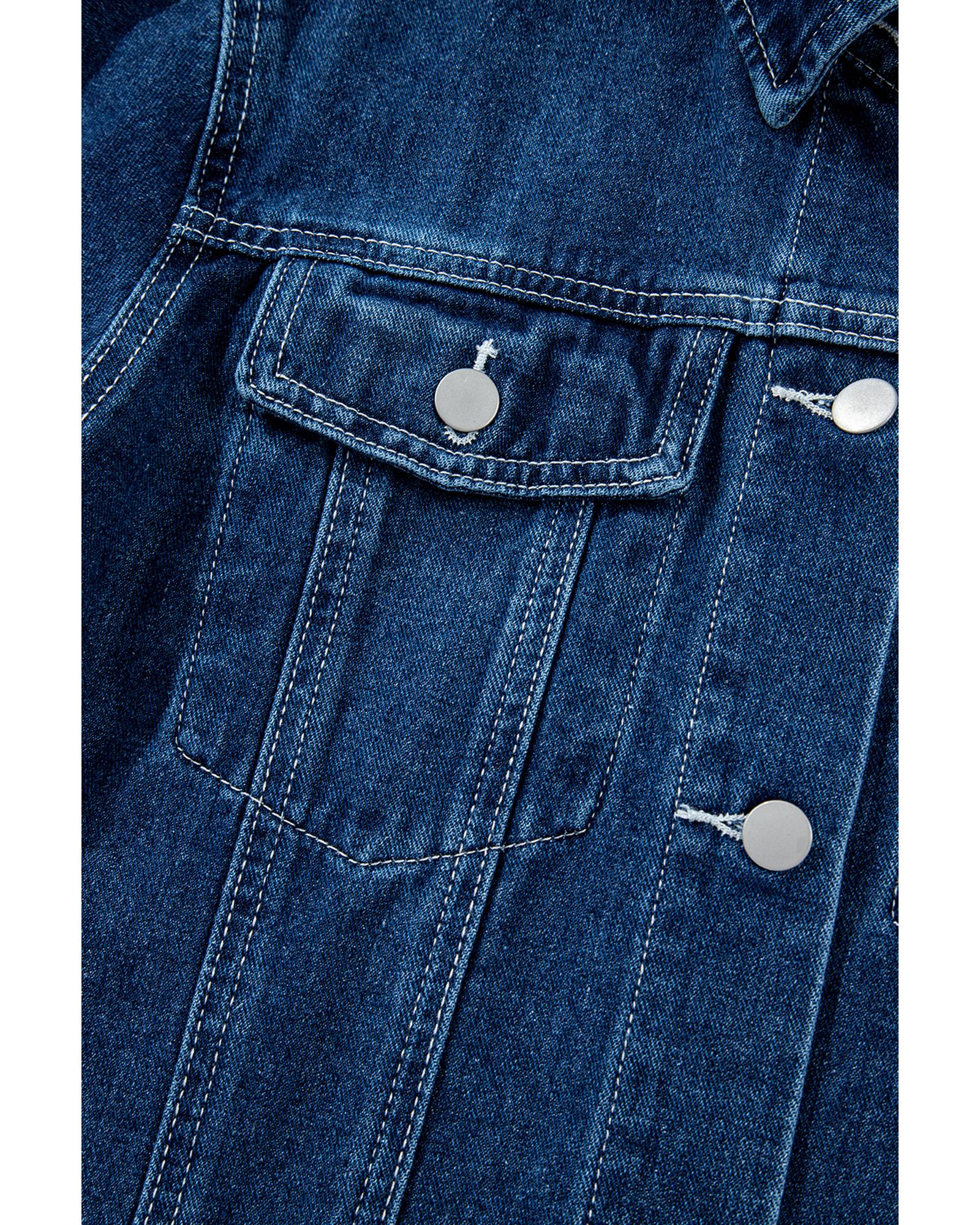 Navy Blue Ruffle Raw Hem Flap Pockets Denim Jacket - S