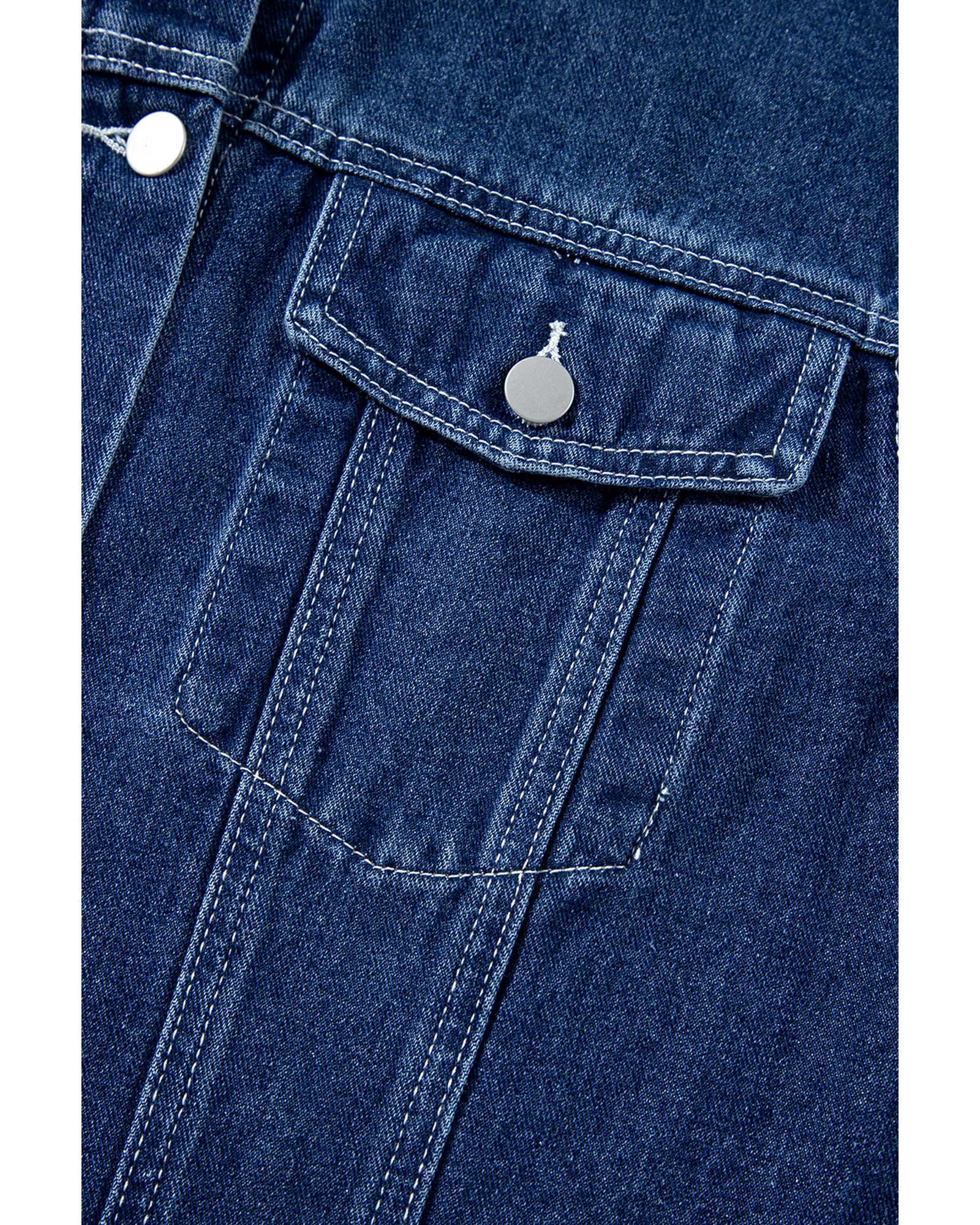 Navy Blue Ruffle Raw Hem Flap Pockets Denim Jacket - S