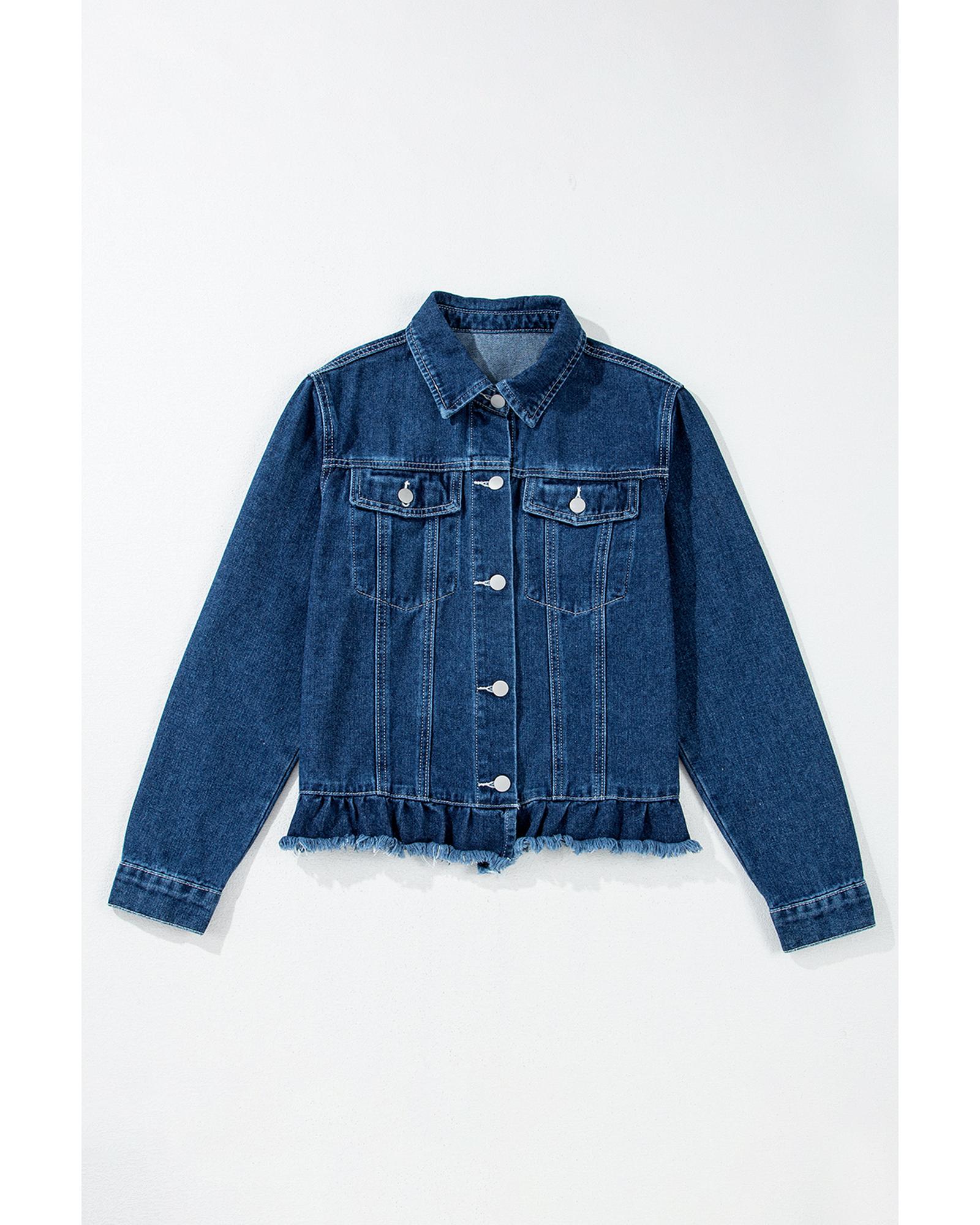 Navy Blue Ruffle Raw Hem Flap Pockets Denim Jacket - S