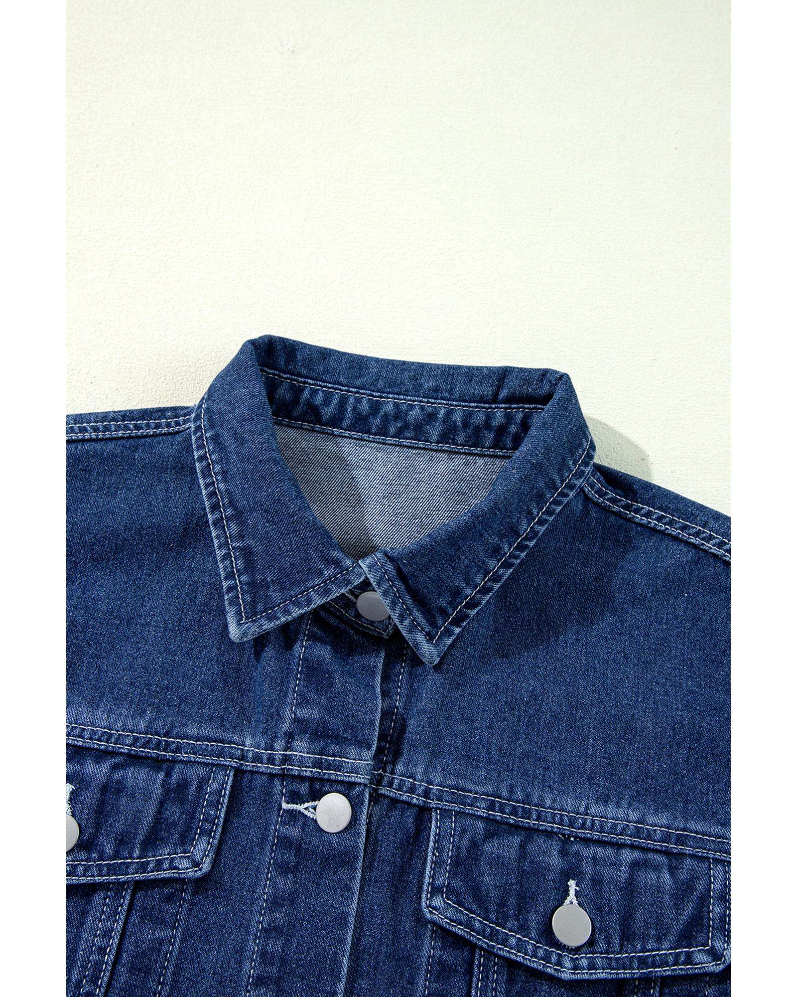 Navy Blue Ruffle Raw Hem Flap Pockets Denim Jacket - S