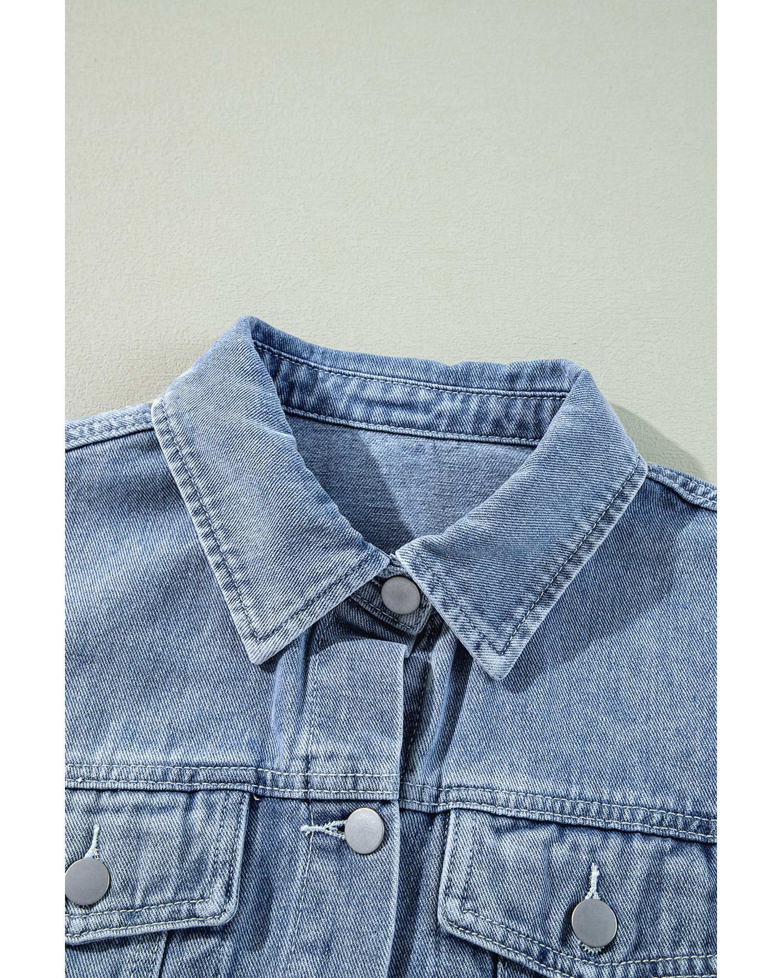 Beau Blue Ruffle Raw Hem Flap Pockets Denim Jacket - 2XL
