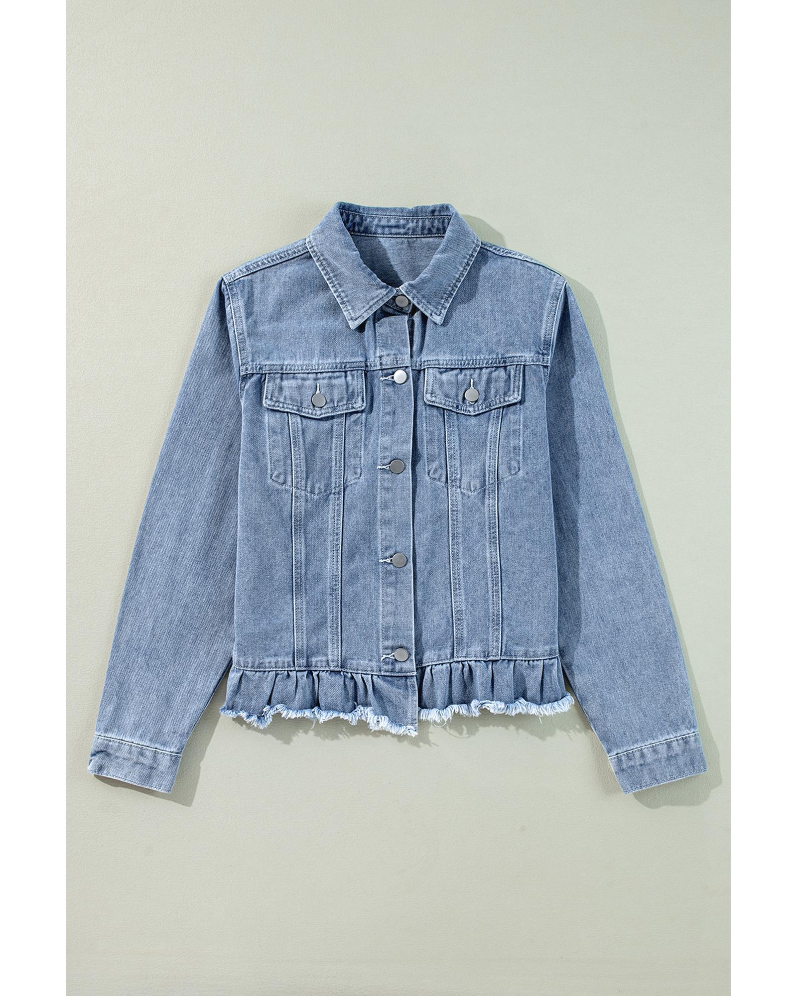 Beau Blue Ruffle Raw Hem Flap Pockets Denim Jacket - M