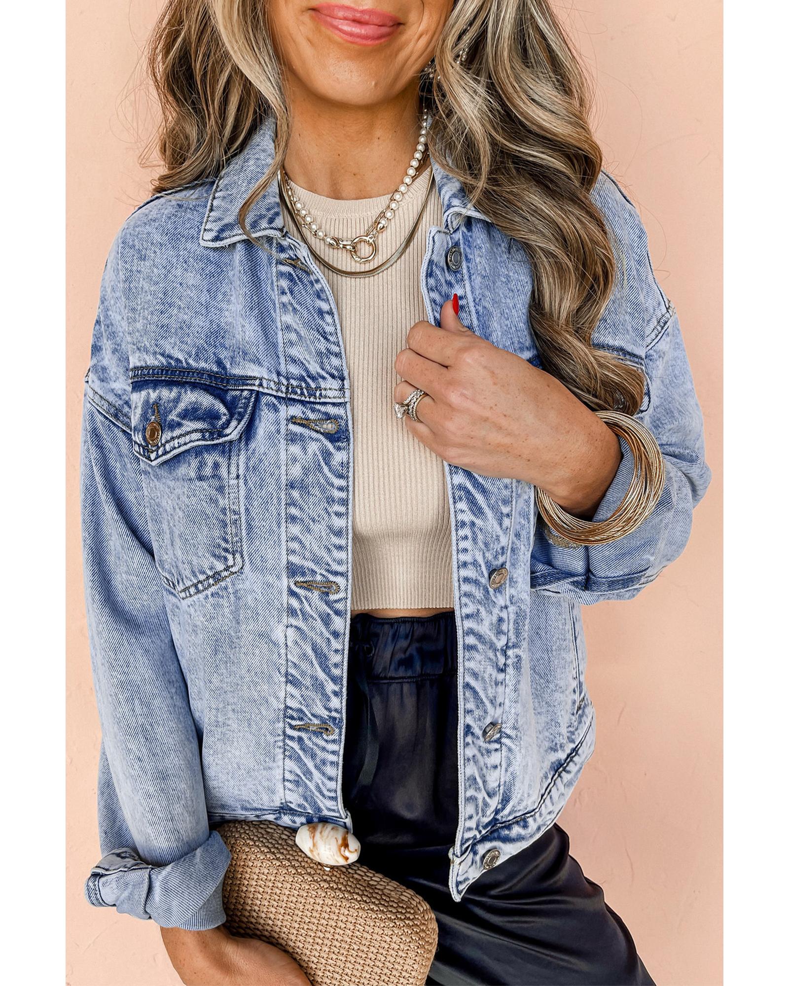 Beau Blue Vintage Washed Flap Pockets Denim Jacket - S