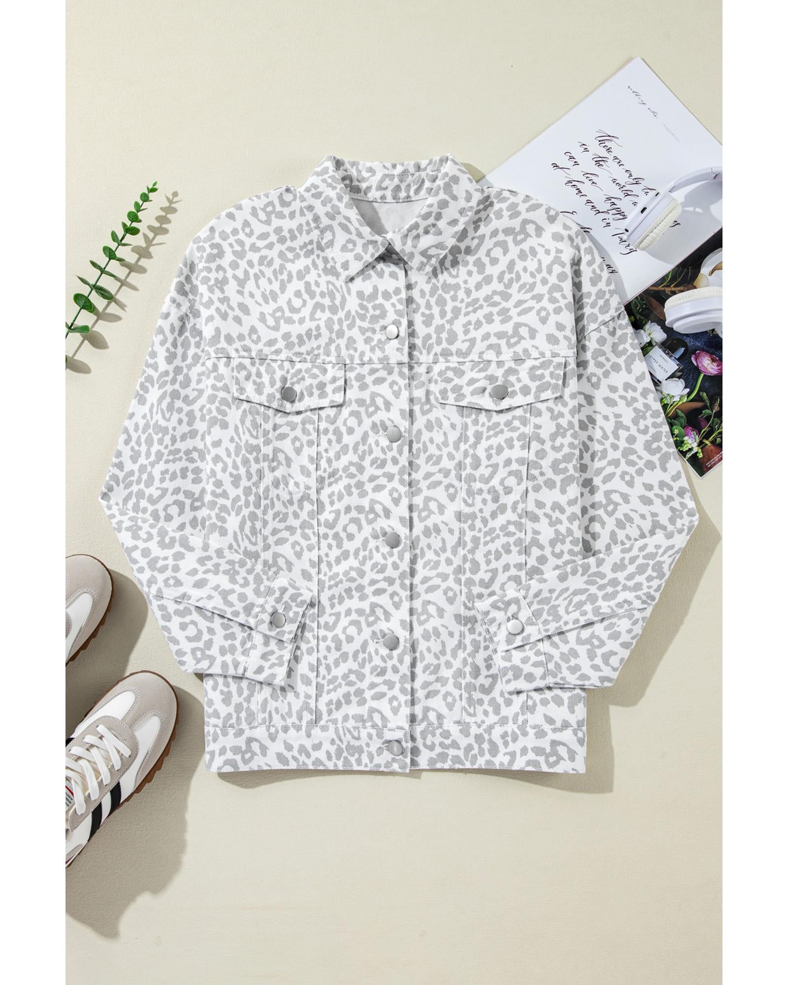 White Leopard Printed Flap Pocket Denim Jacket - L