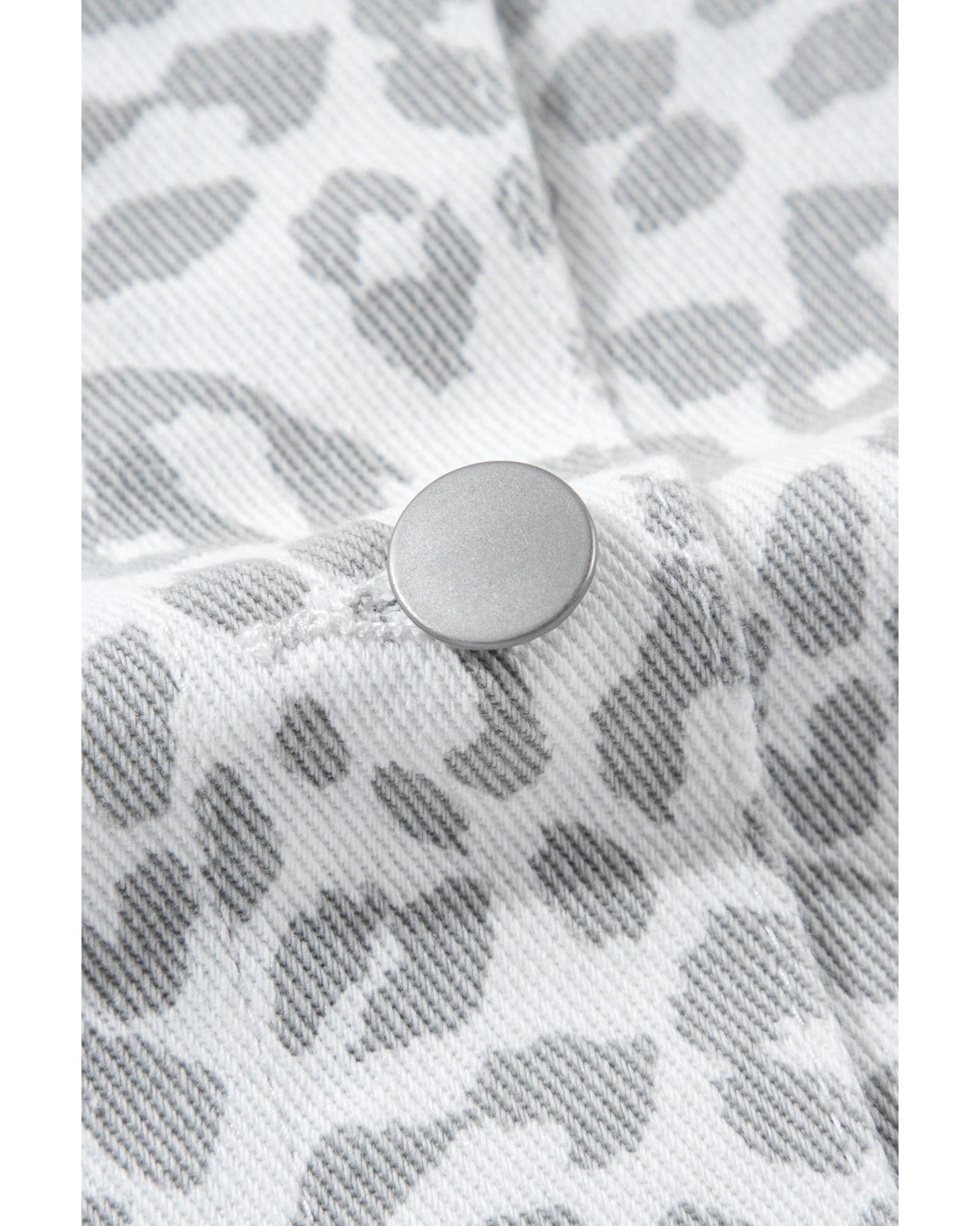 White Leopard Printed Flap Pocket Denim Jacket - L