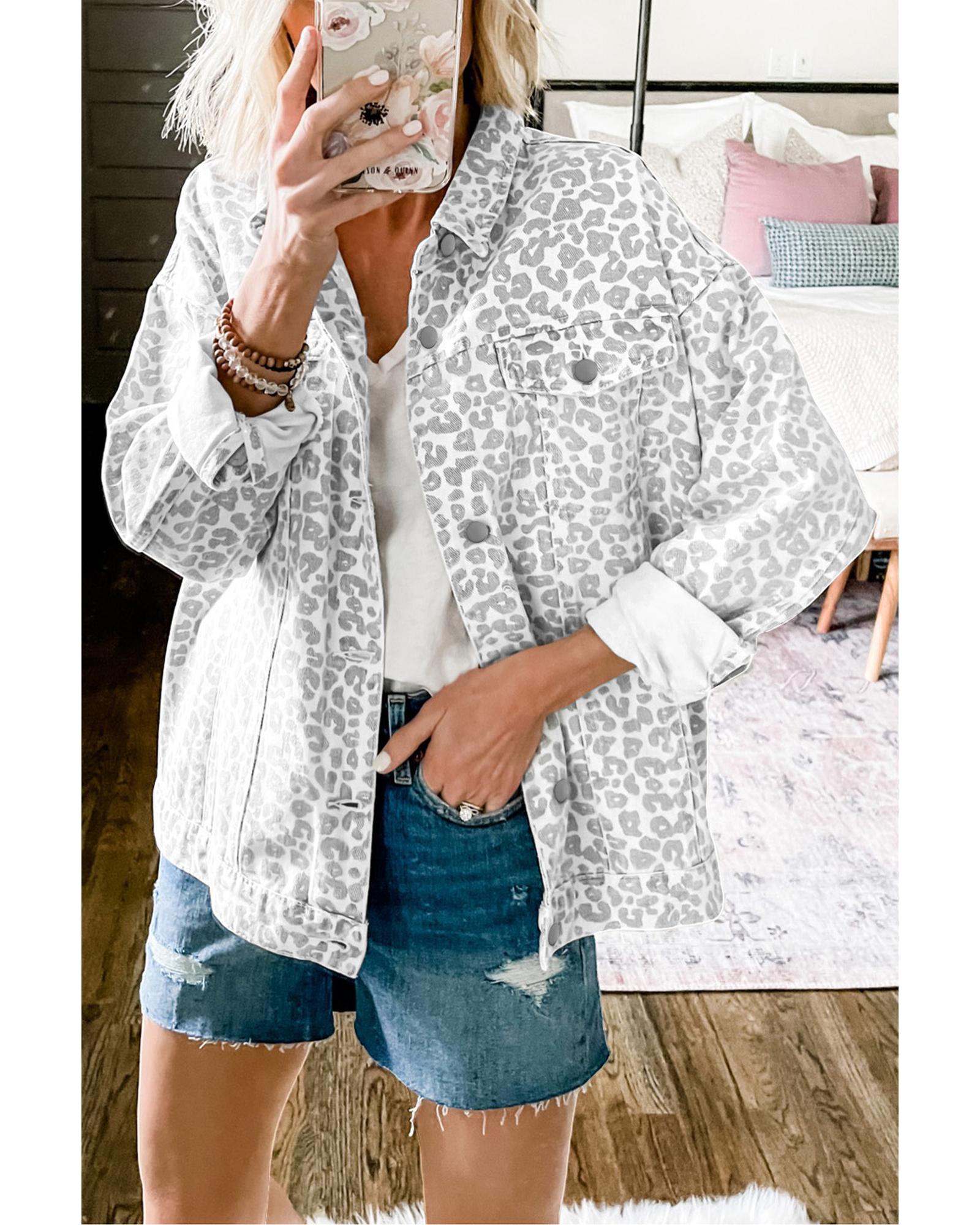 White Leopard Printed Flap Pocket Denim Jacket - XL