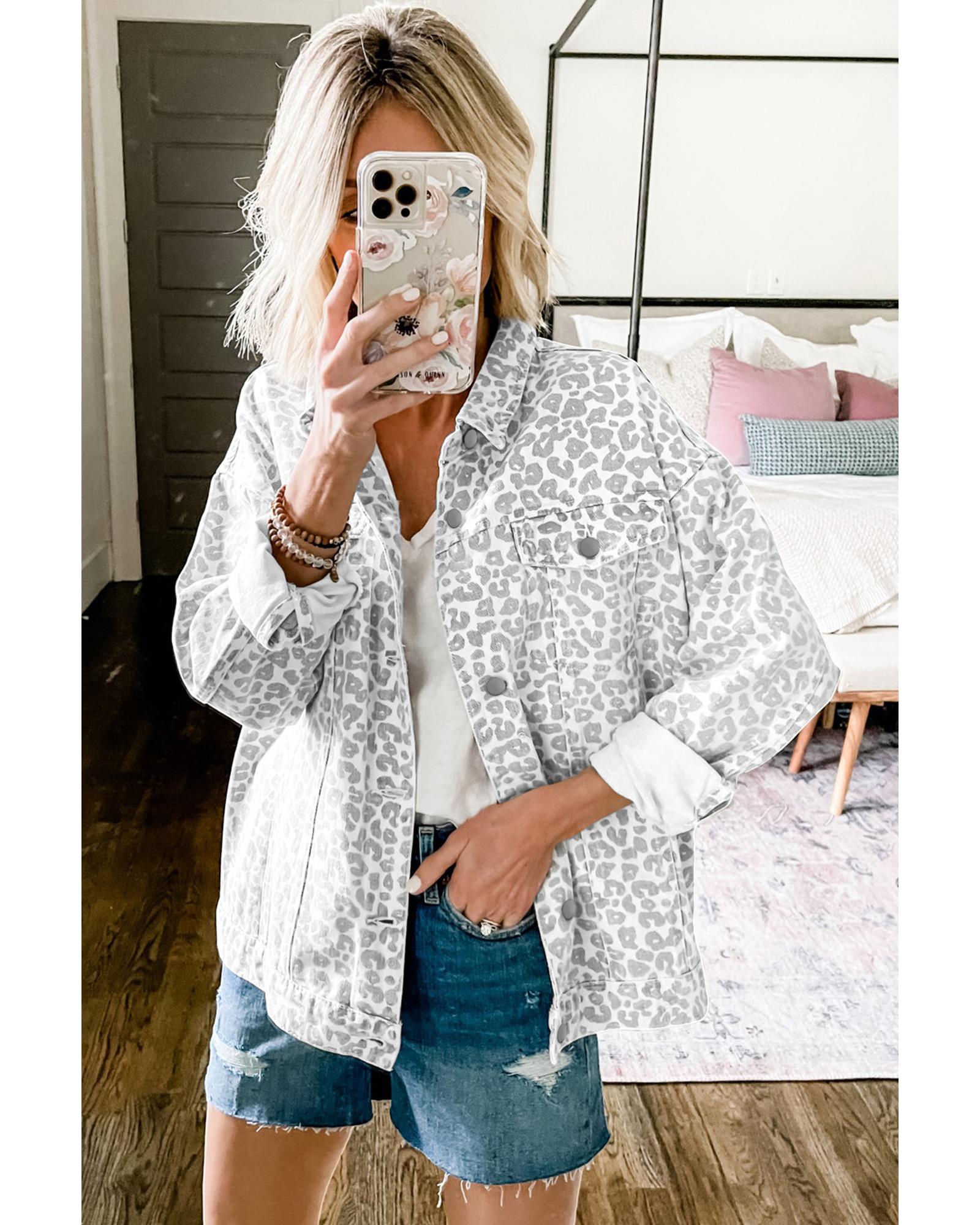 White Leopard Printed Flap Pocket Denim Jacket - XL