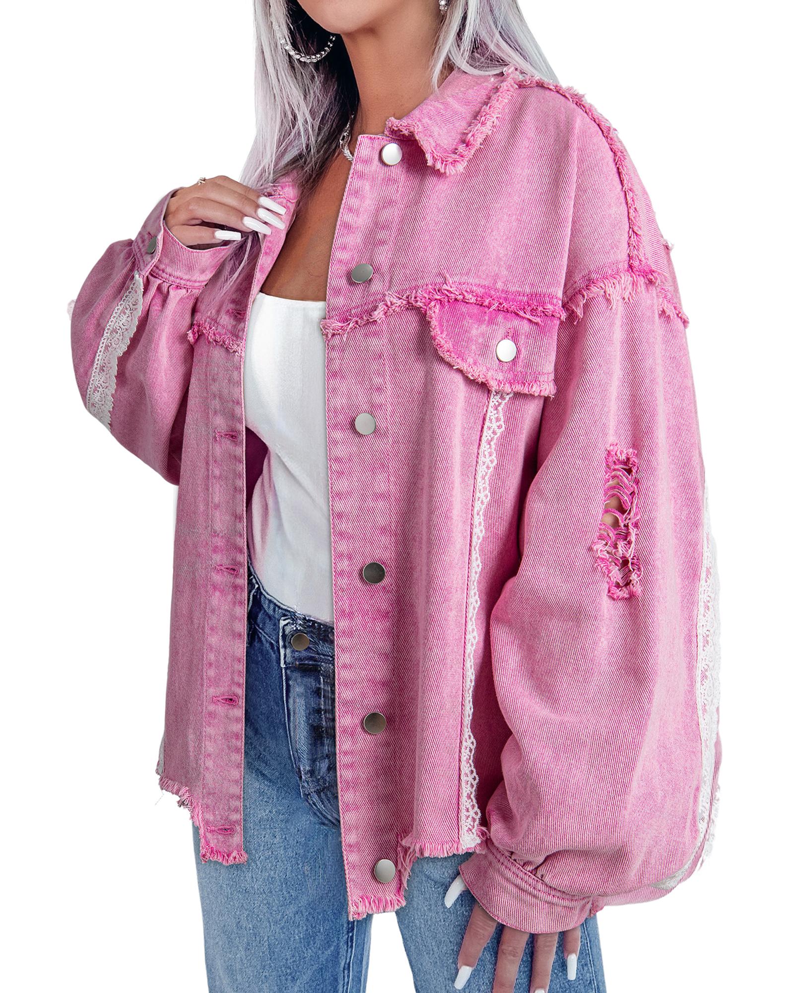 Pink Lace Patchwork Distressed Buttoned Denim Jacket - L