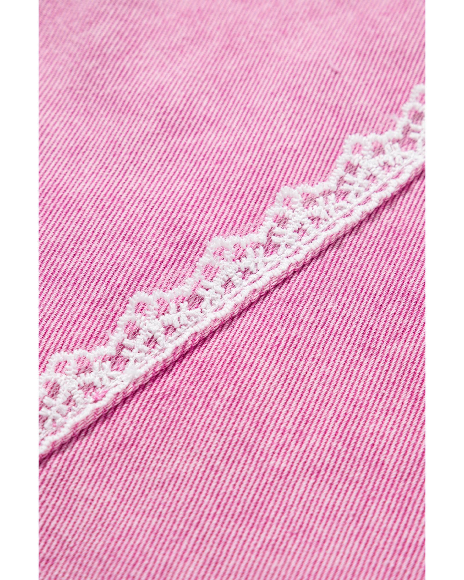 Pink Lace Patchwork Distressed Buttoned Denim Jacket - L