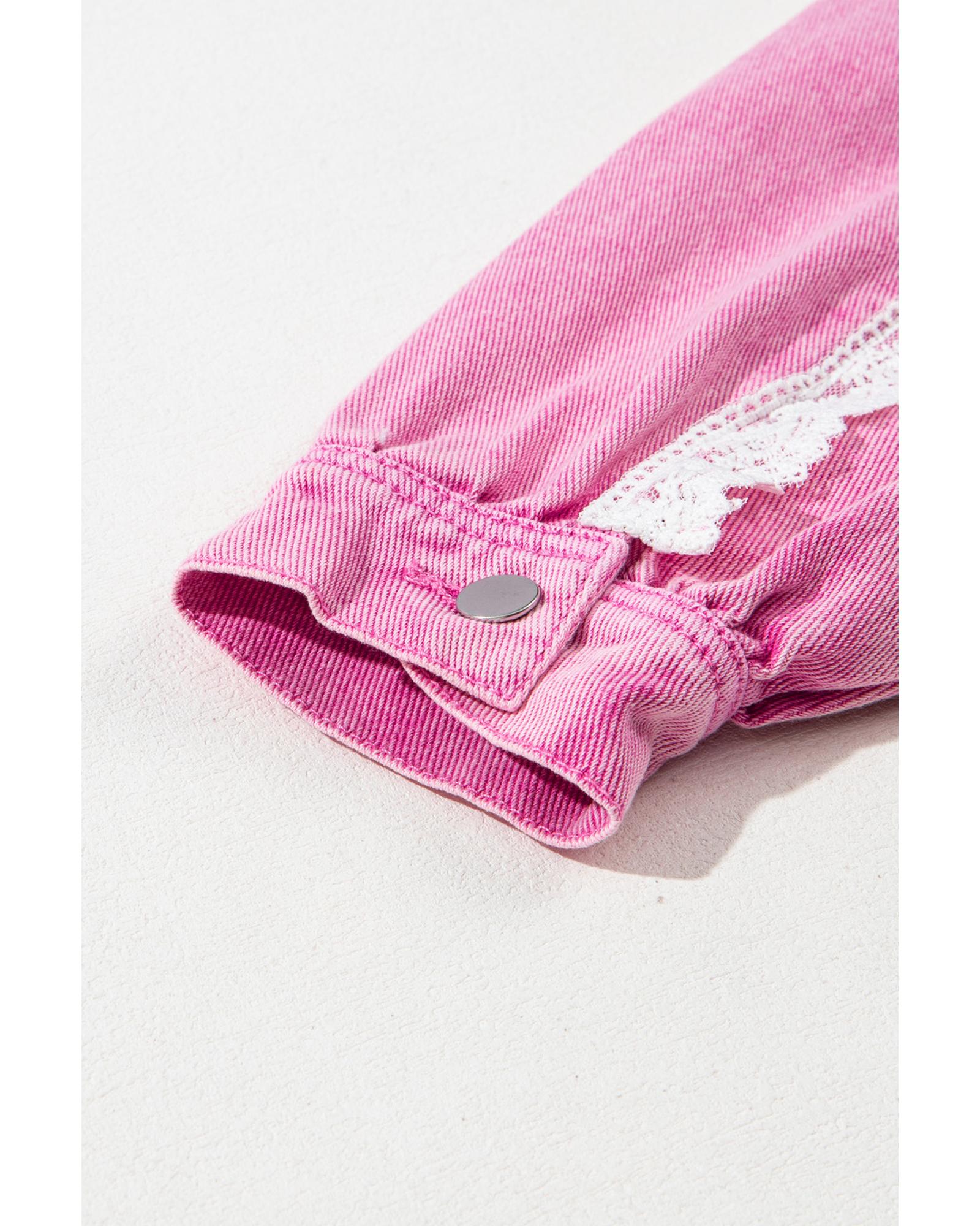 Pink Lace Patchwork Distressed Buttoned Denim Jacket - L