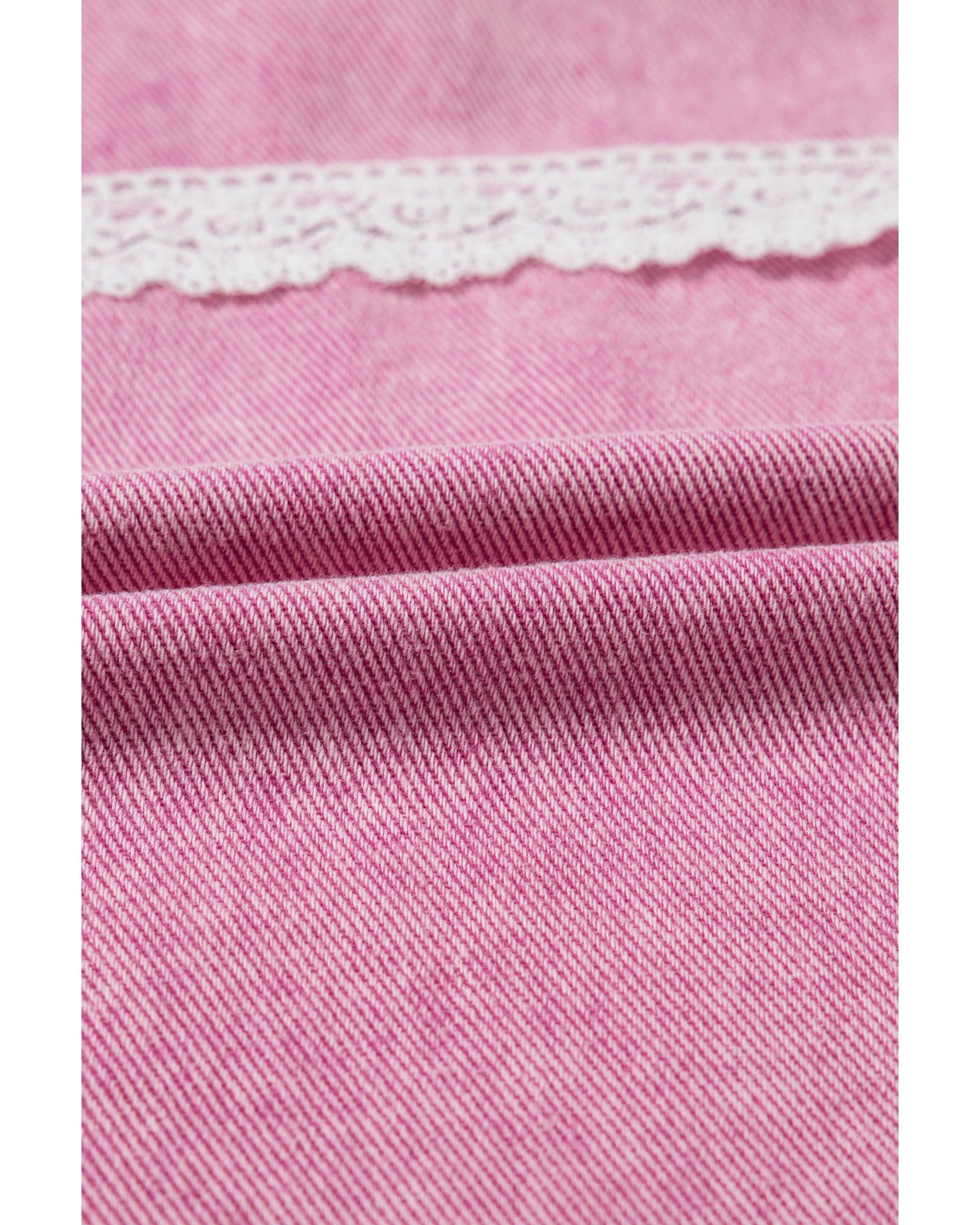 Pink Lace Patchwork Distressed Buttoned Denim Jacket - L