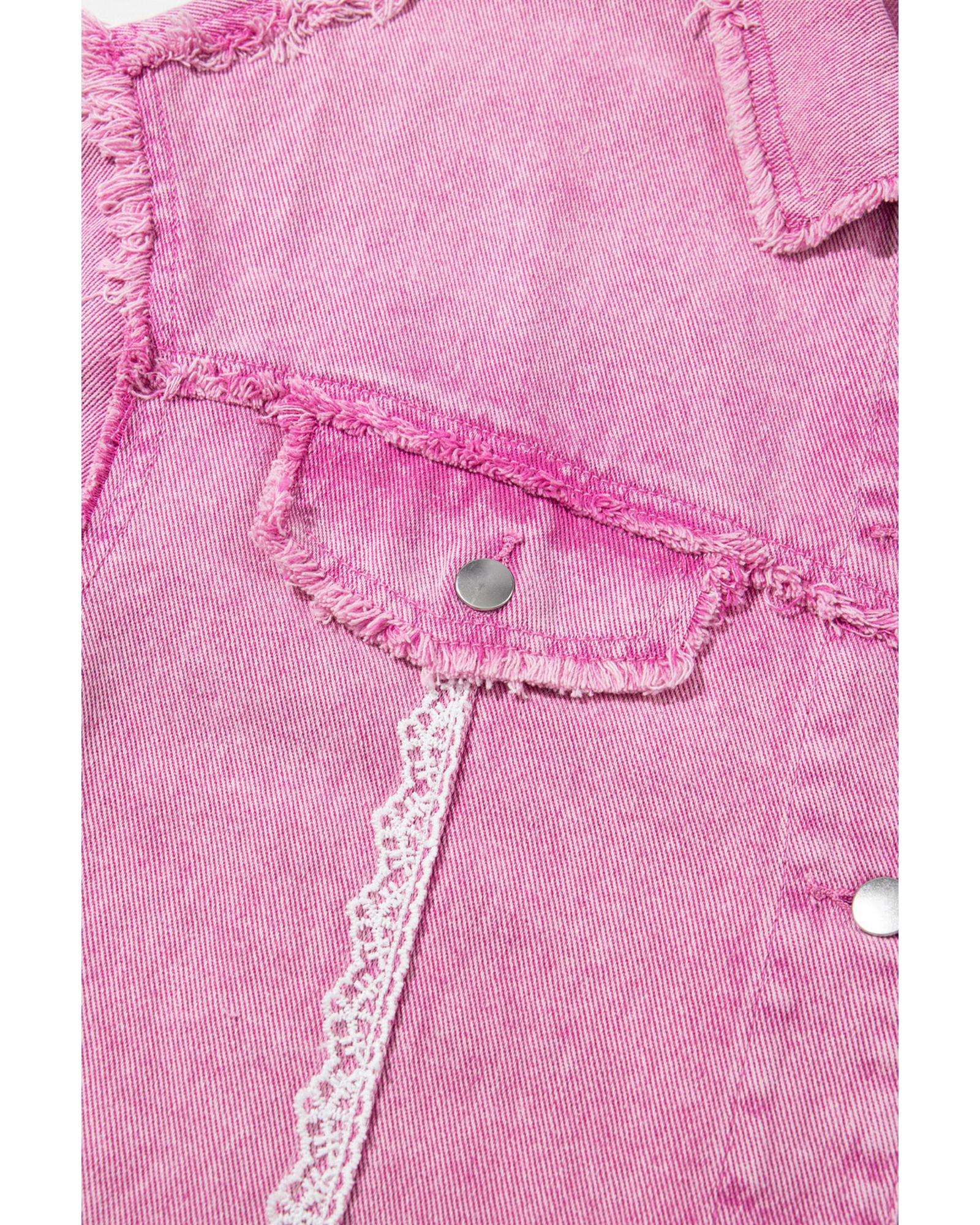 Pink Lace Patchwork Distressed Buttoned Denim Jacket - L