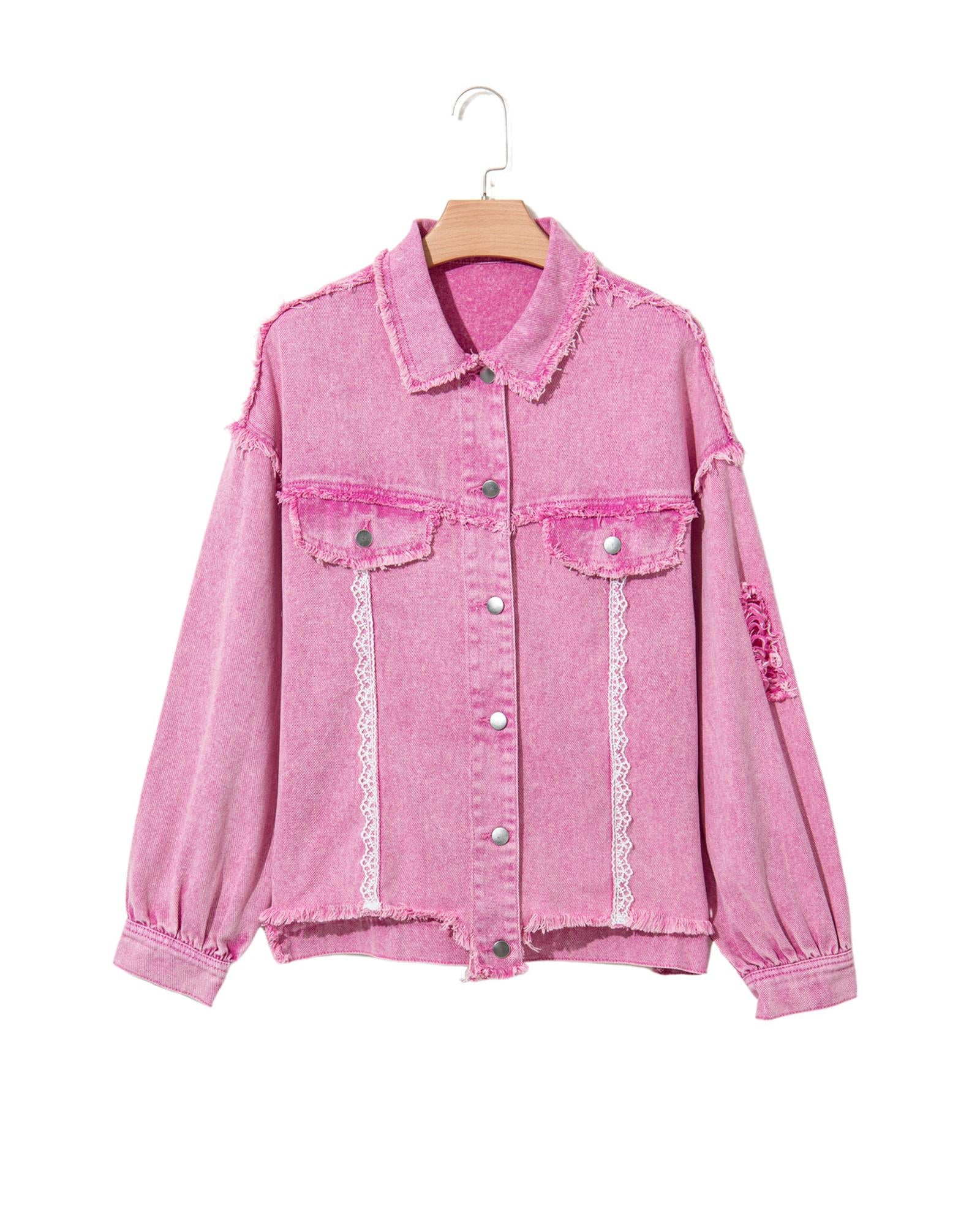 Pink Lace Patchwork Distressed Buttoned Denim Jacket - M