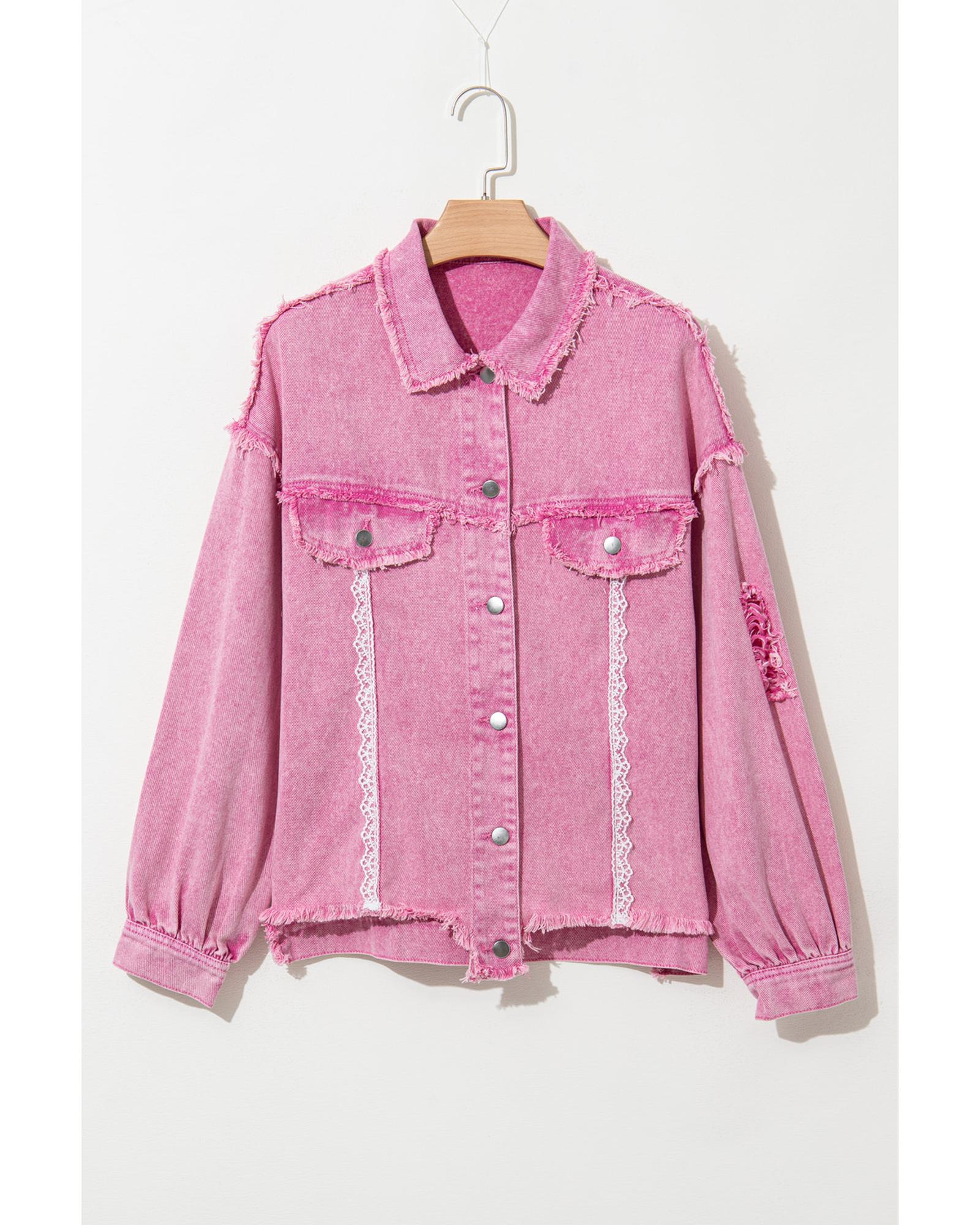 Pink Lace Patchwork Distressed Buttoned Denim Jacket - M