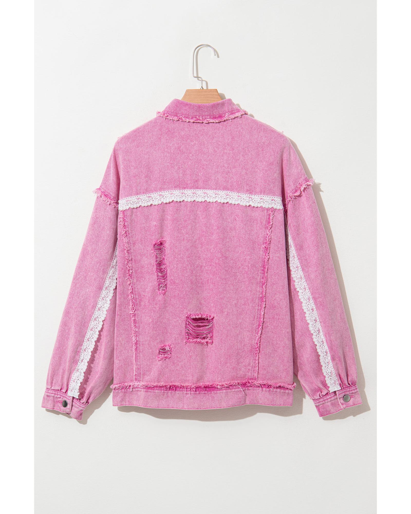 Pink Lace Patchwork Distressed Buttoned Denim Jacket - M