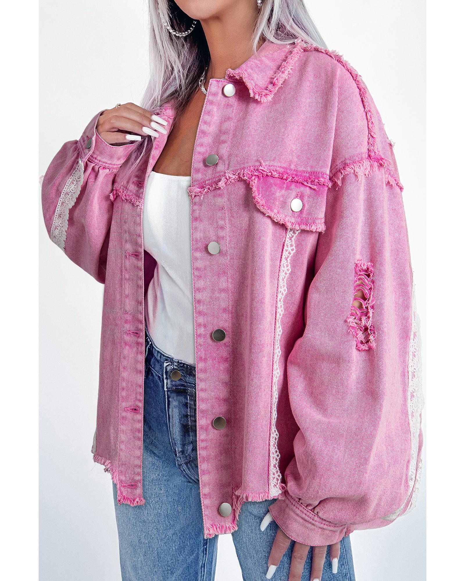 Pink Lace Patchwork Distressed Buttoned Denim Jacket - M