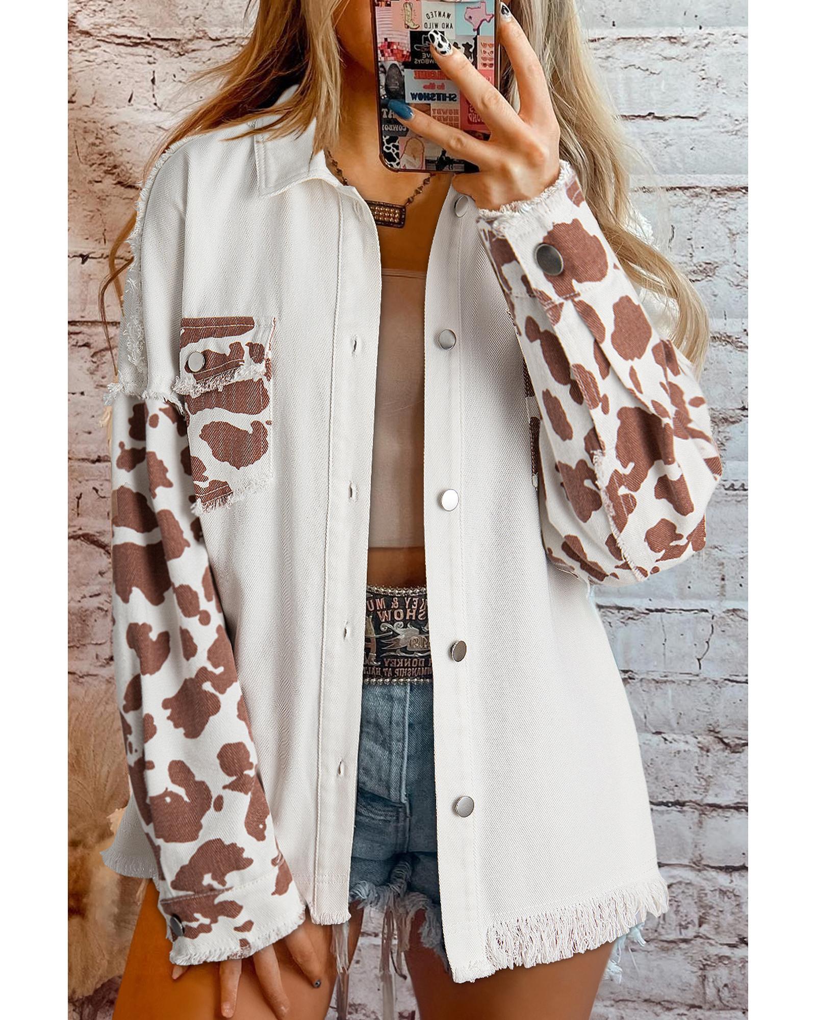 White Cow Spot Patchwork Flap Pocket Distressed Hem Long Denim Jacket - S