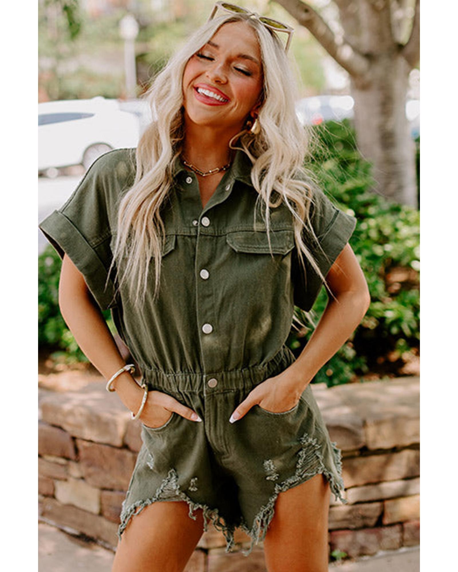 Moss Green Distressed Frayed Denim Romper - L