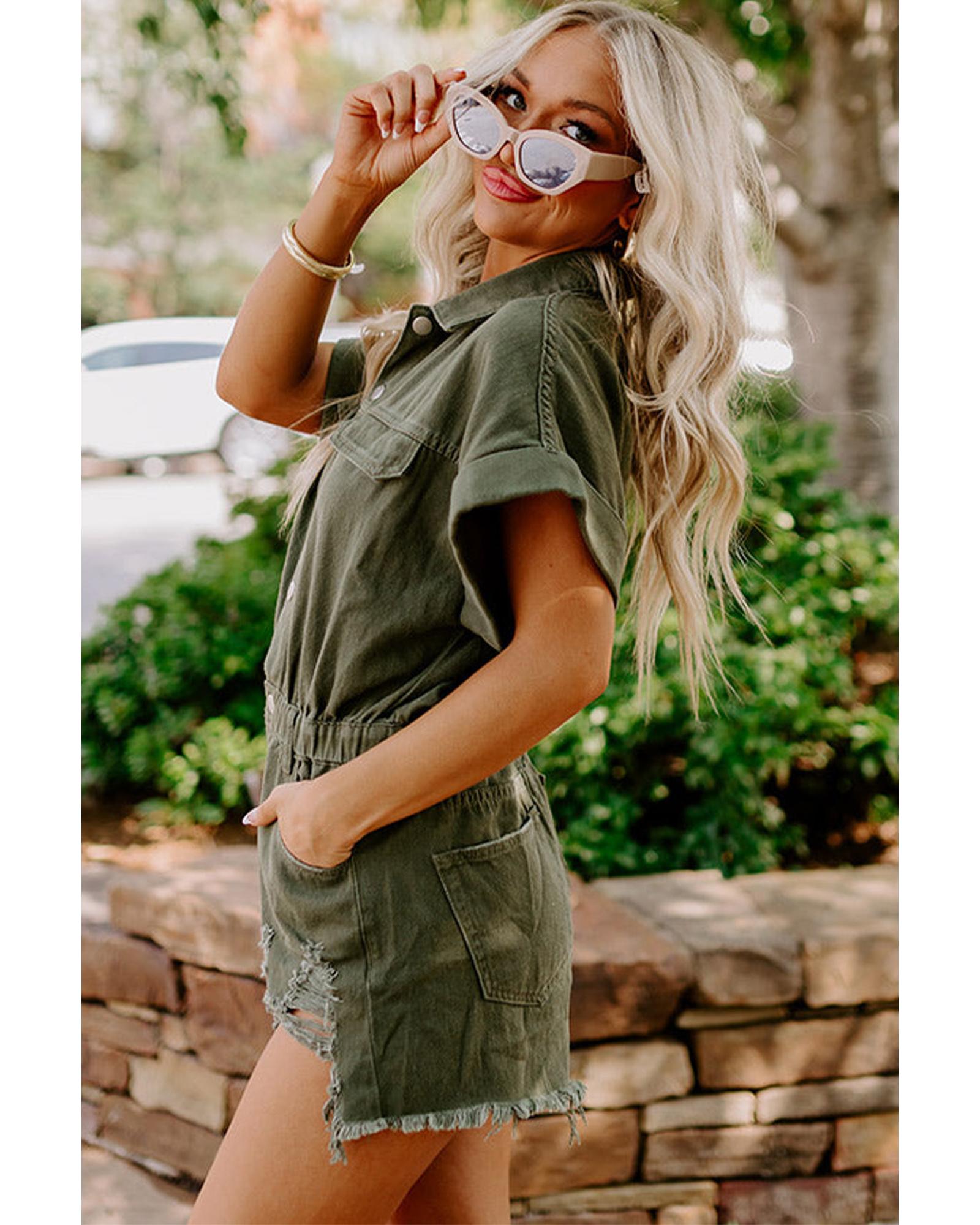 Moss Green Distressed Frayed Denim Romper - L