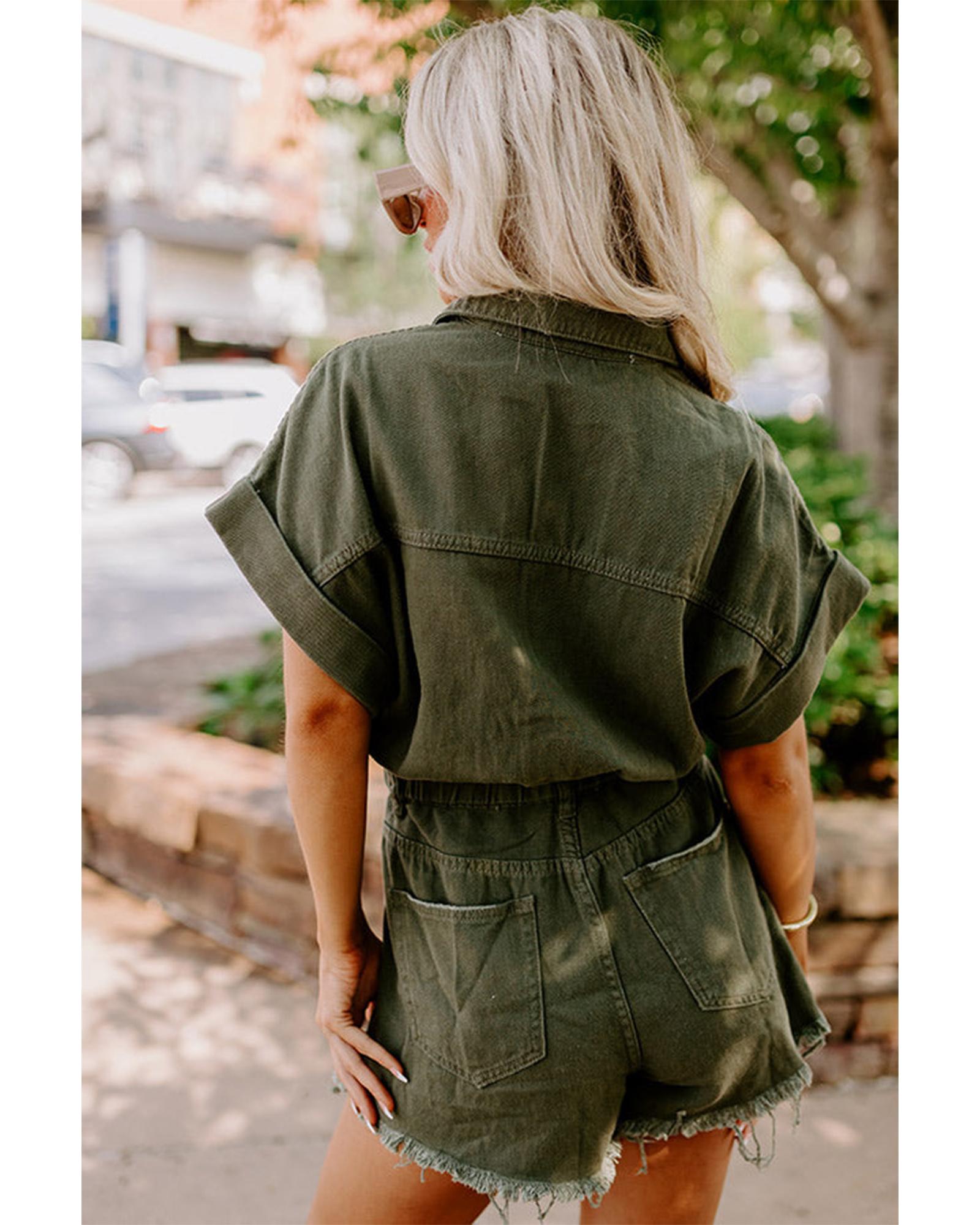 Moss Green Distressed Frayed Denim Romper - L