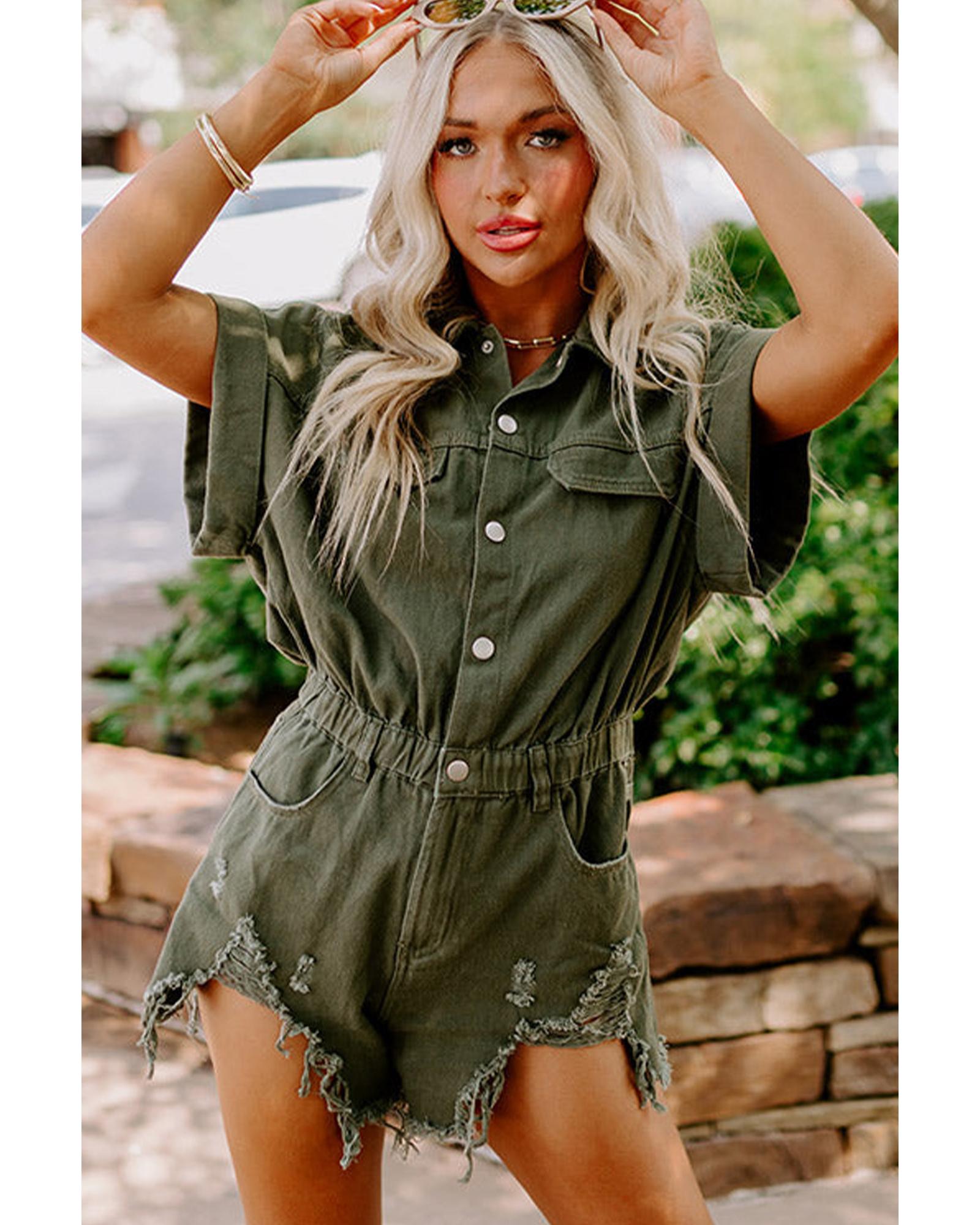 Moss Green Distressed Frayed Denim Romper - L
