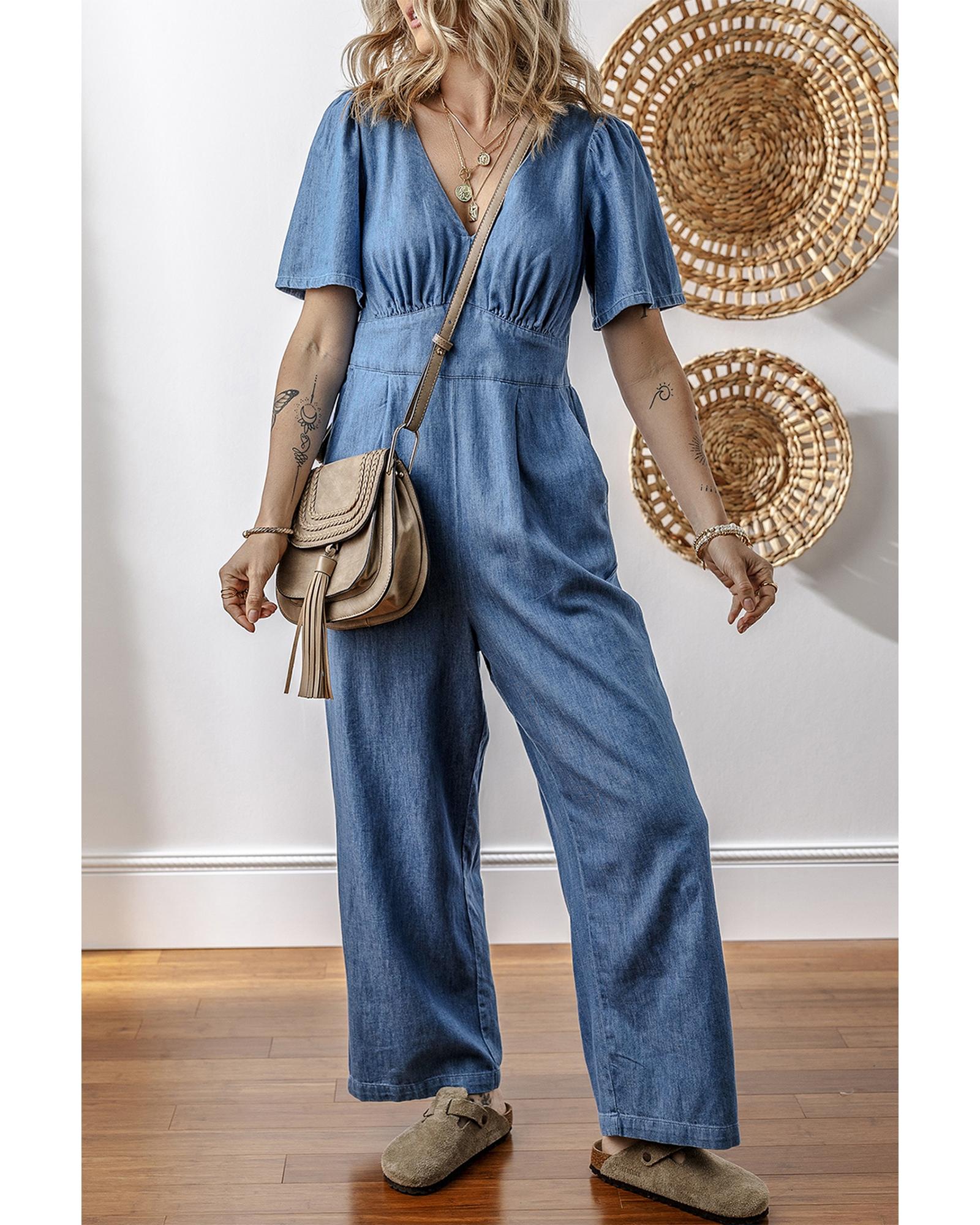 Ashleigh Blue V Neck Short Sleeve Smocked Back Denim Loose Jumpsuit - L
