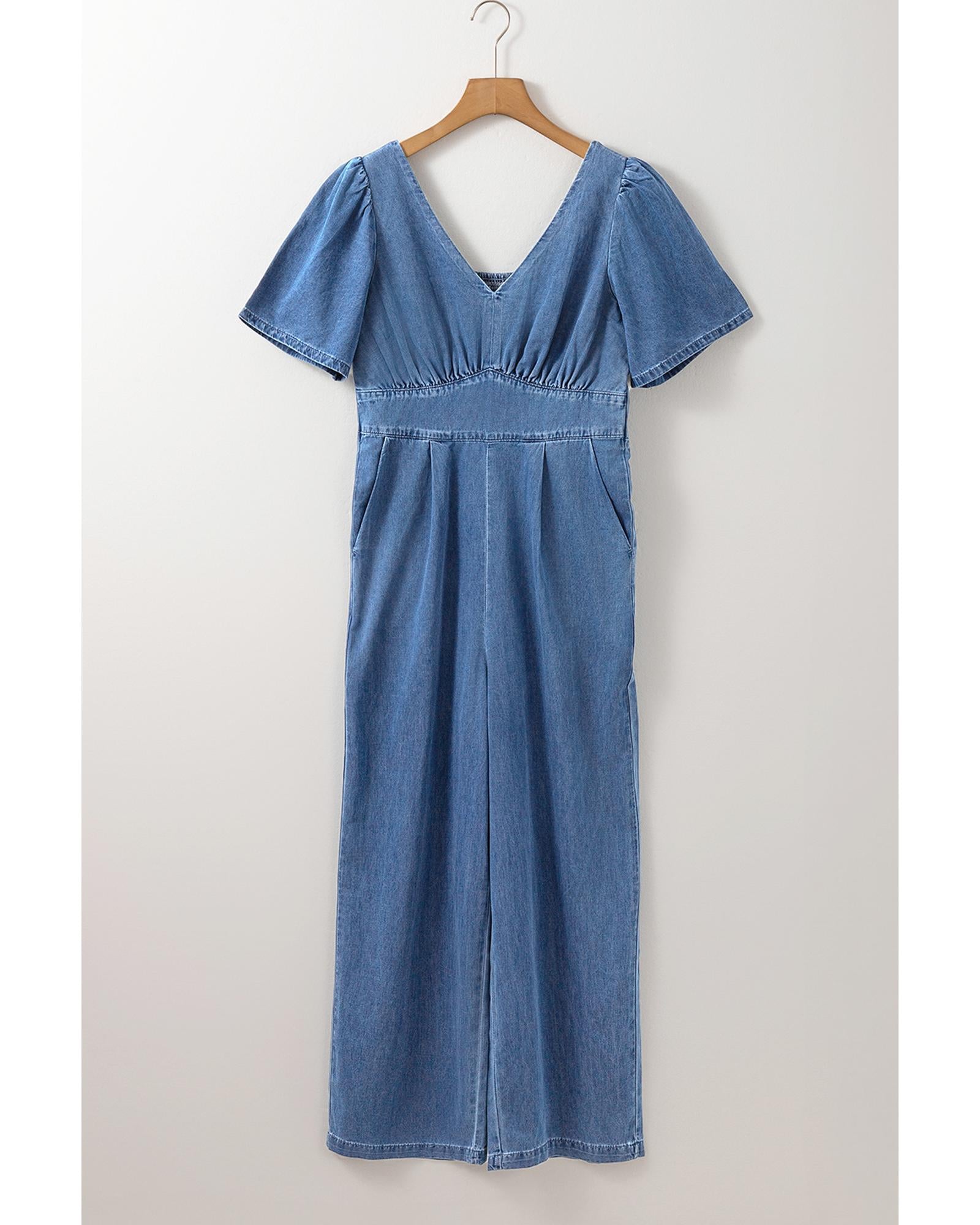 Ashleigh Blue V Neck Short Sleeve Smocked Back Denim Loose Jumpsuit - M