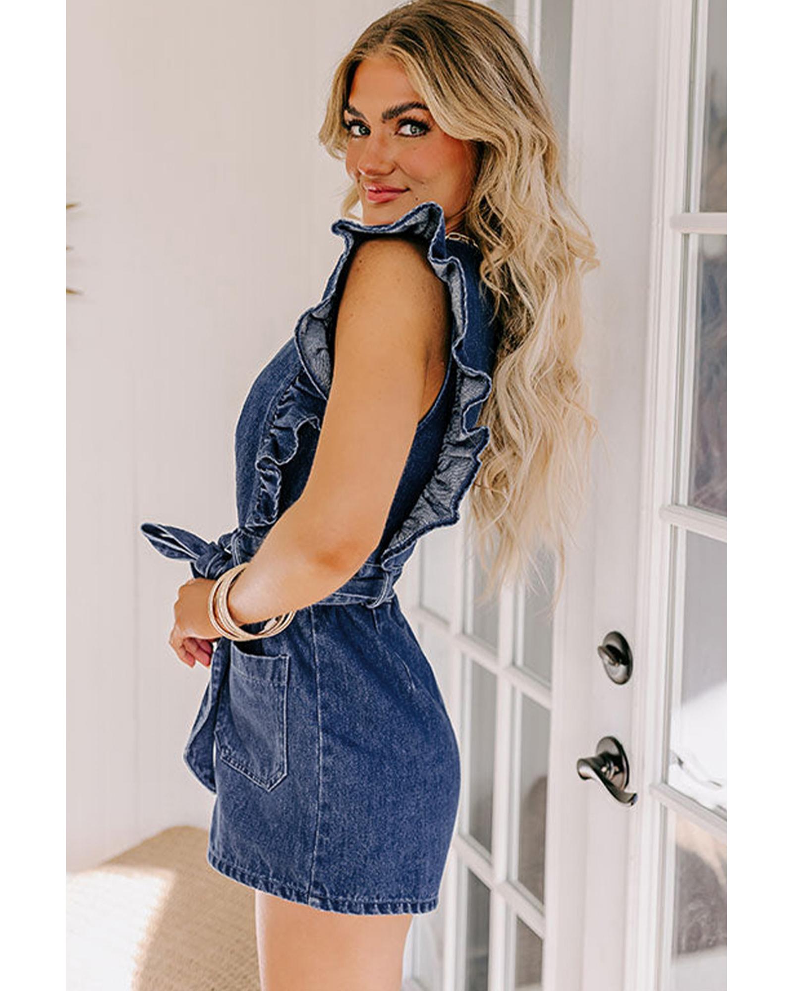 Sail Blue Denim Ruffled Zipped Front Belted Romper - L