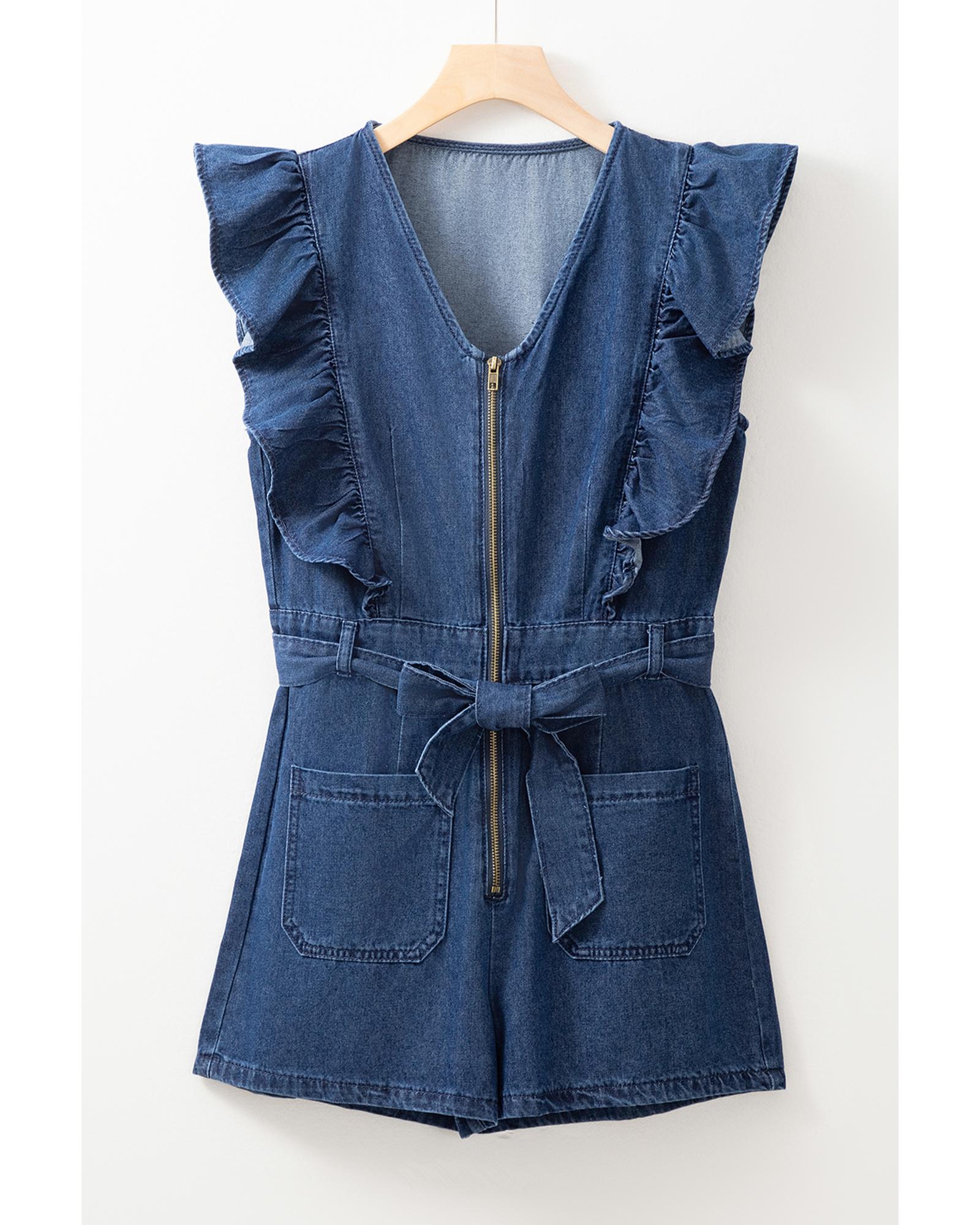 Sail Blue Denim Ruffled Zipped Front Belted Romper - L