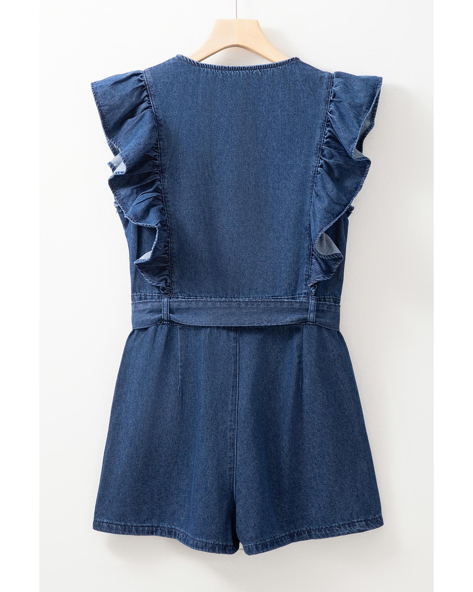 Sail Blue Denim Ruffled Zipped Front Belted Romper - M