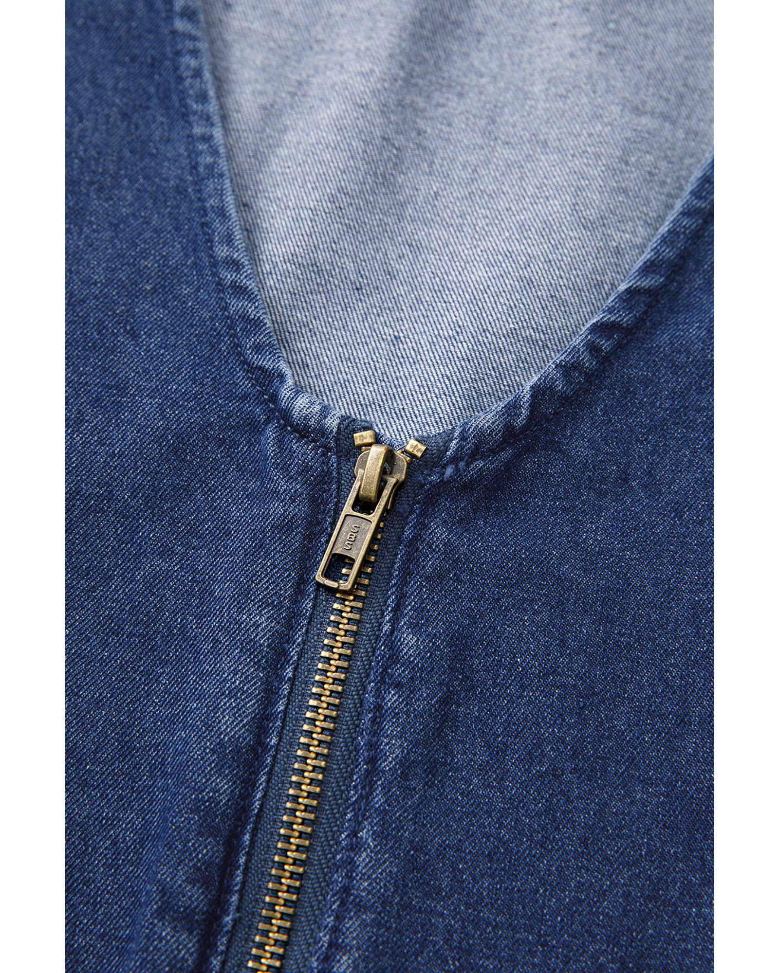 Sail Blue Denim Ruffled Zipped Front Belted Romper - S