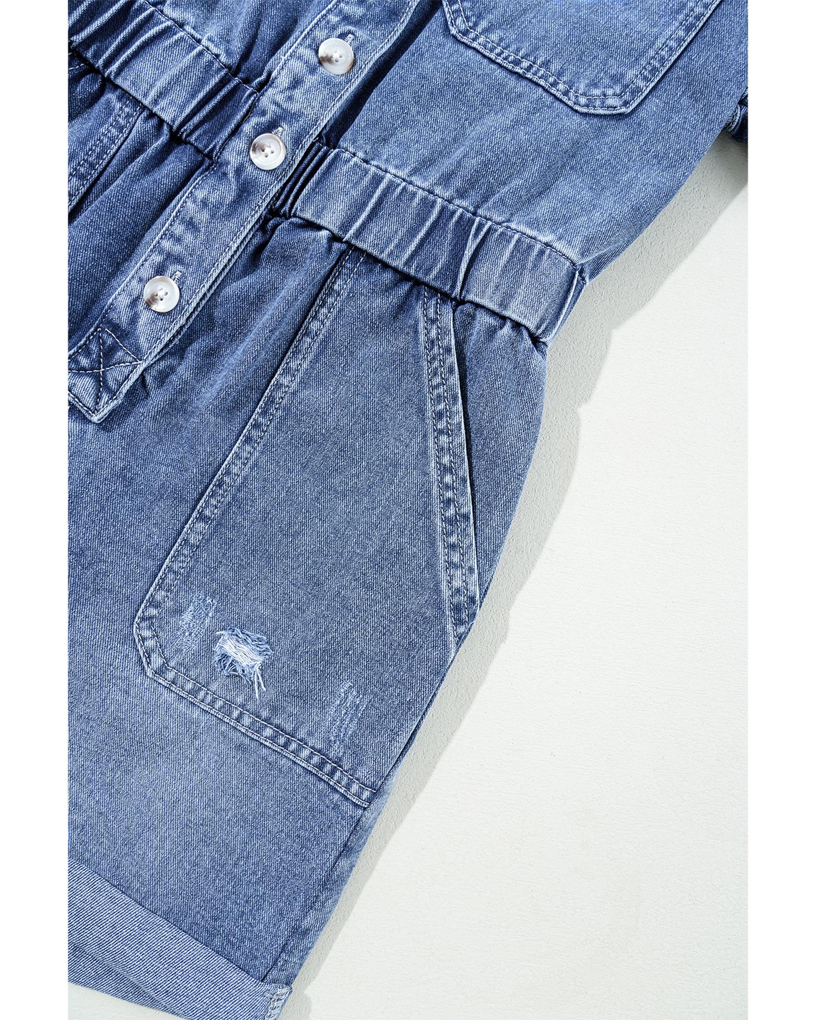 Dusk Blue Chest Pocket Front Buttoned Folded Edge Denim Short Sleeve Romper - L