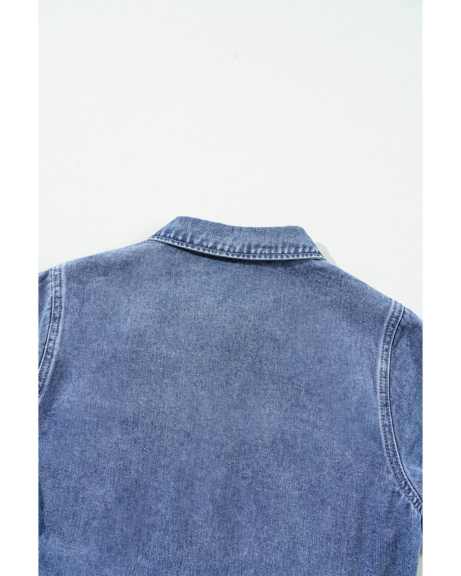 Dusk Blue Chest Pocket Front Buttoned Folded Edge Denim Short Sleeve Romper - L