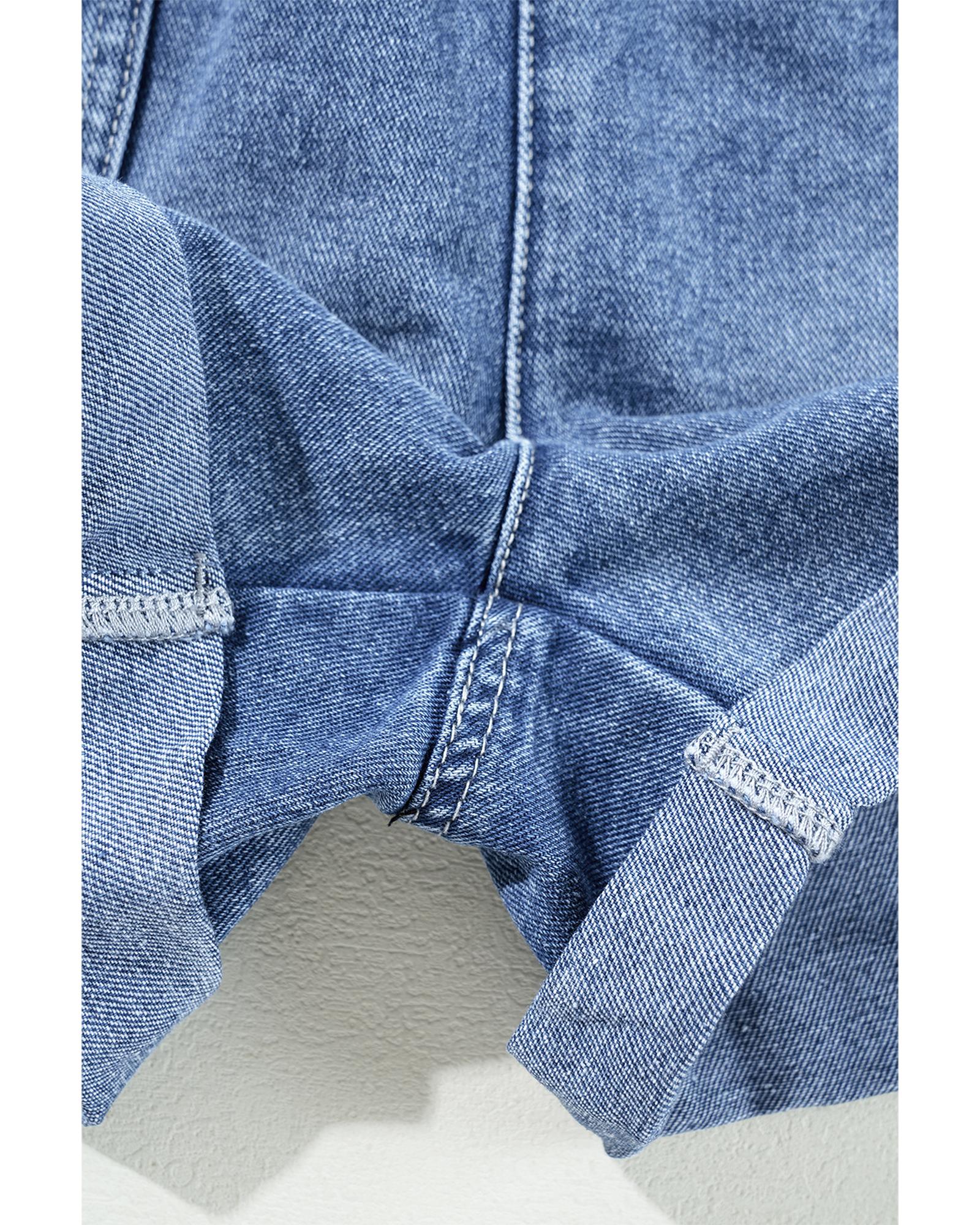 Dusk Blue Chest Pocket Front Buttoned Folded Edge Denim Short Sleeve Romper - L