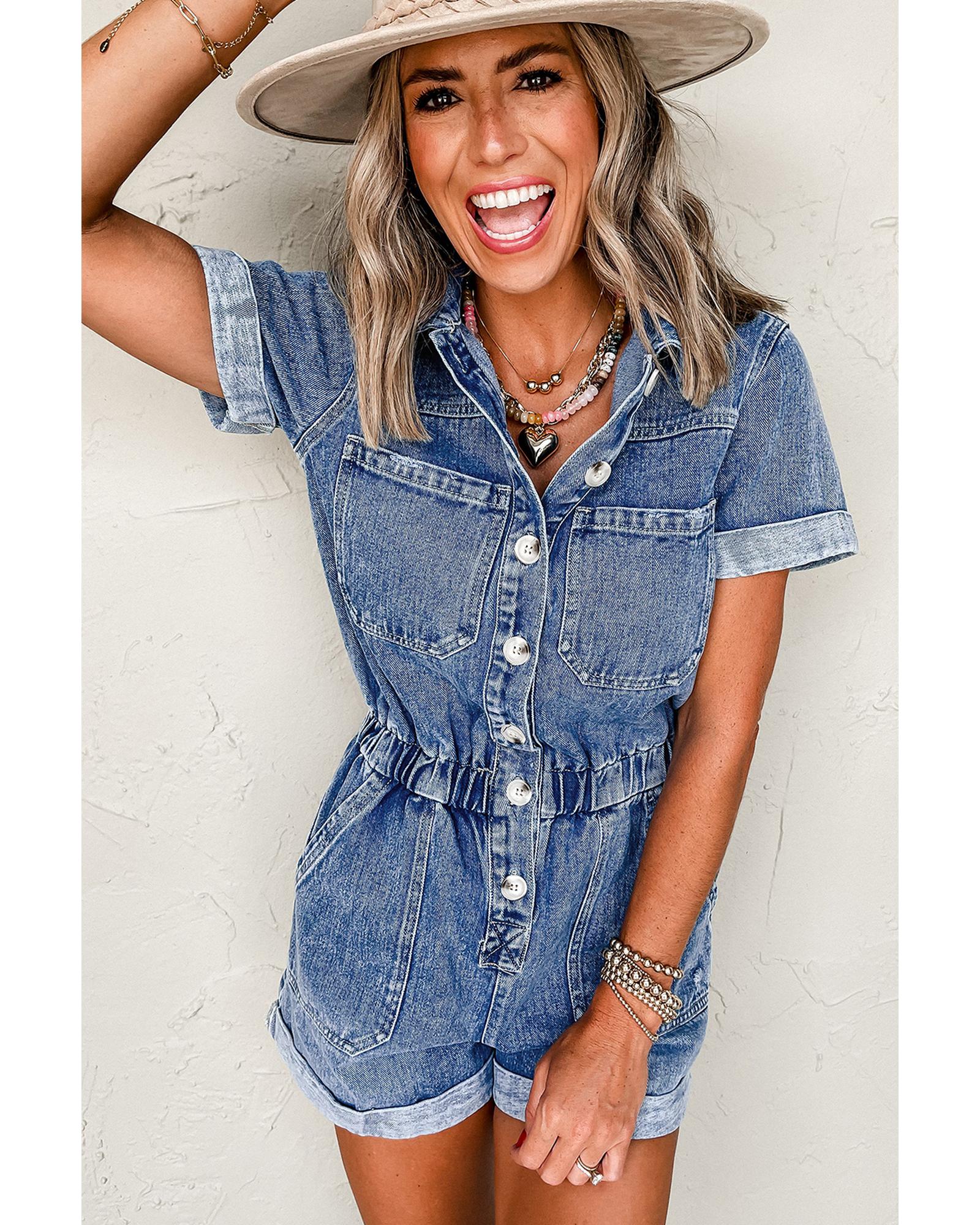 Dusk Blue Chest Pocket Front Buttoned Folded Edge Denim Short Sleeve Romper - M