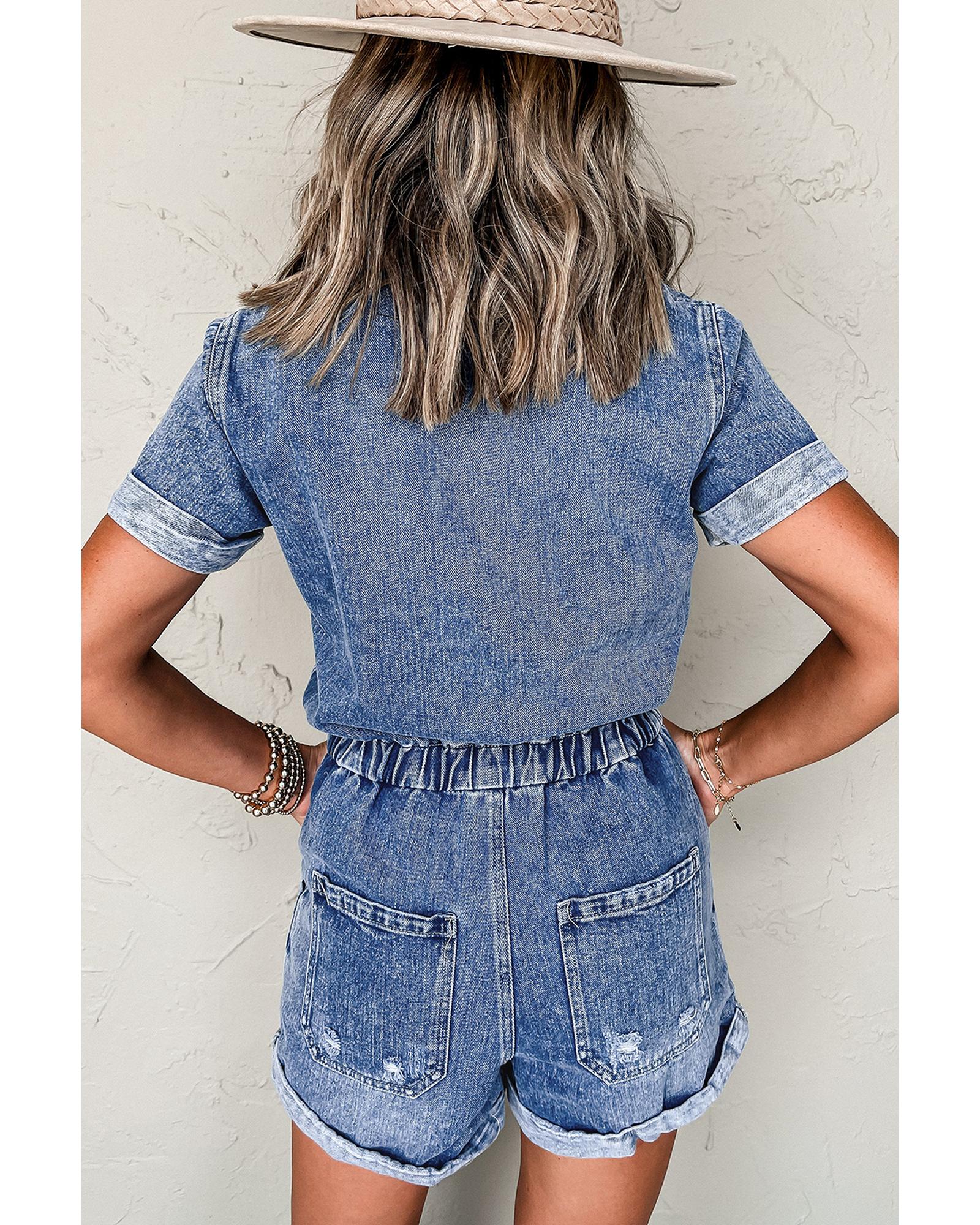 Dusk Blue Chest Pocket Front Buttoned Folded Edge Denim Short Sleeve Romper - M
