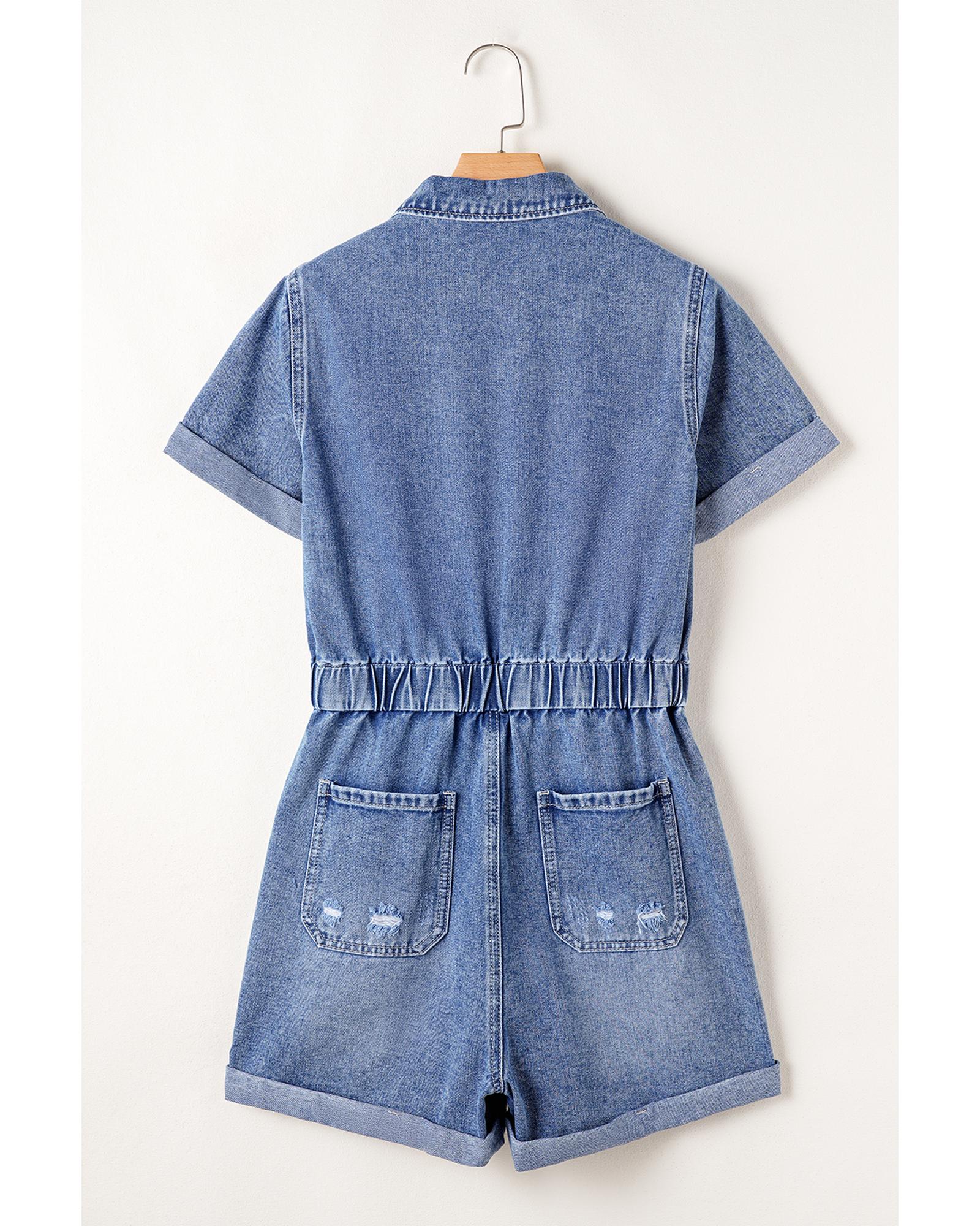 Dusk Blue Chest Pocket Front Buttoned Folded Edge Denim Short Sleeve Romper - M