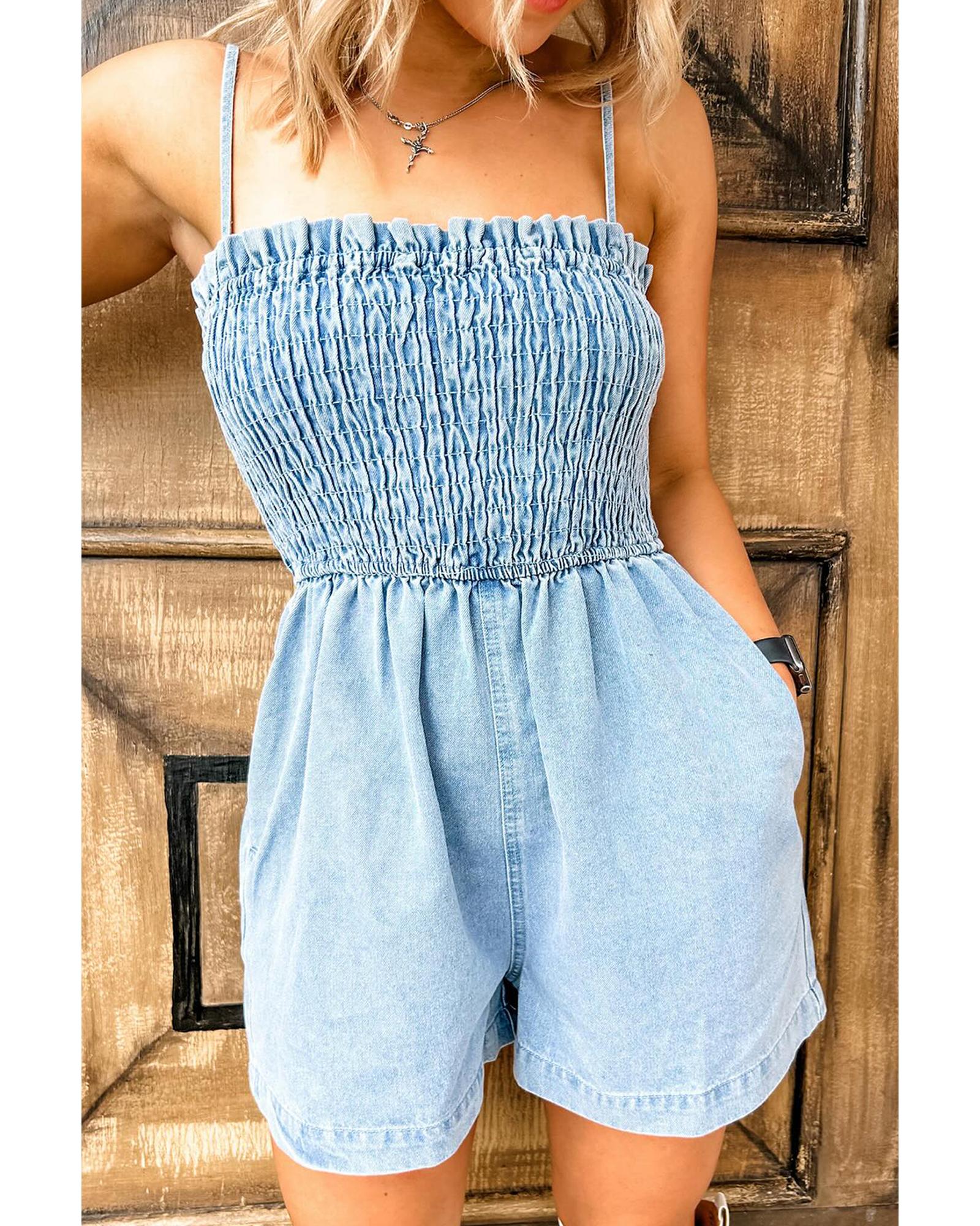 Beau Blue Spaghetti Strap Smocked Denim Romper - XL