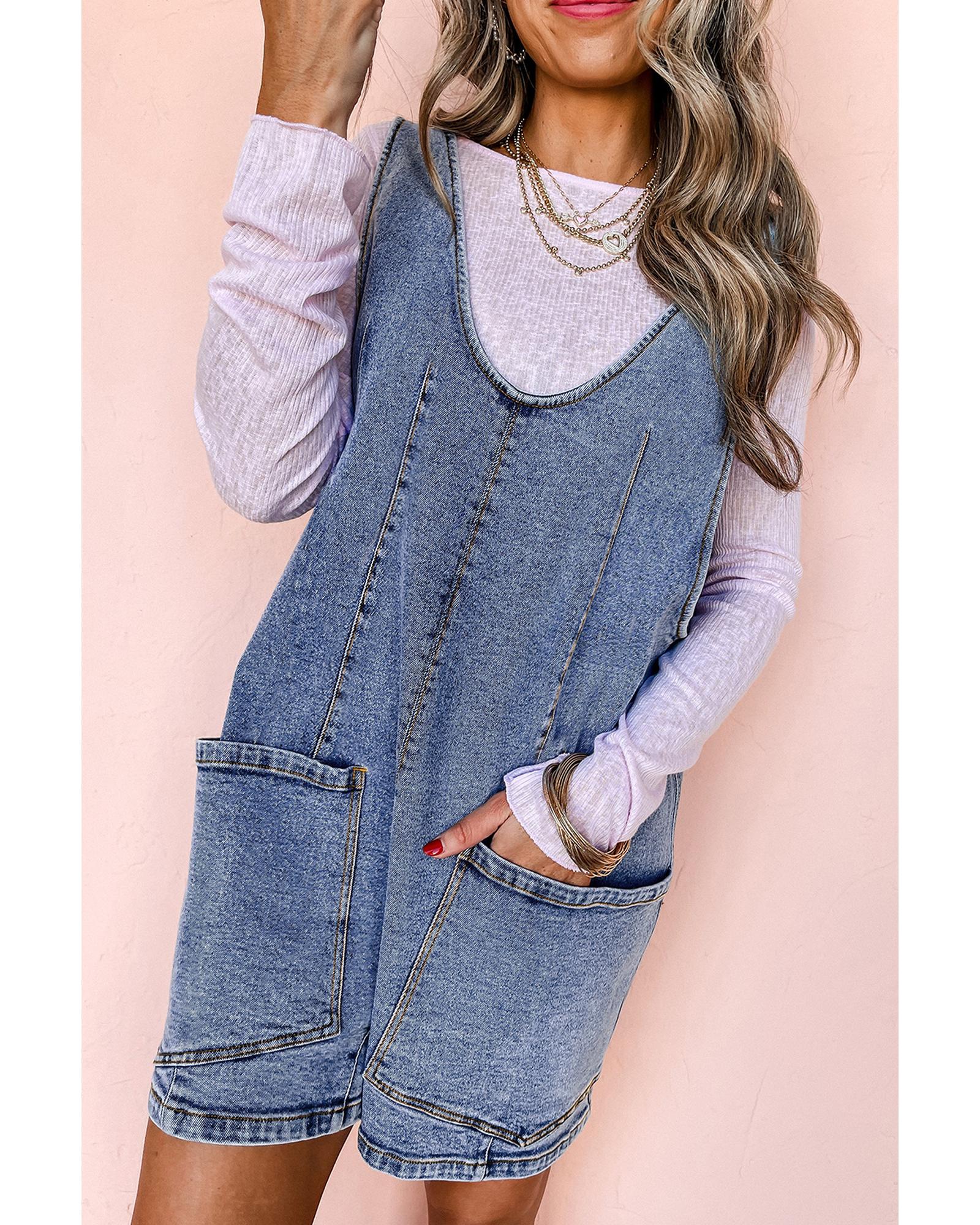 Dusk Blue Sleeveless U Neck Patched Pocket Denim Romper - L