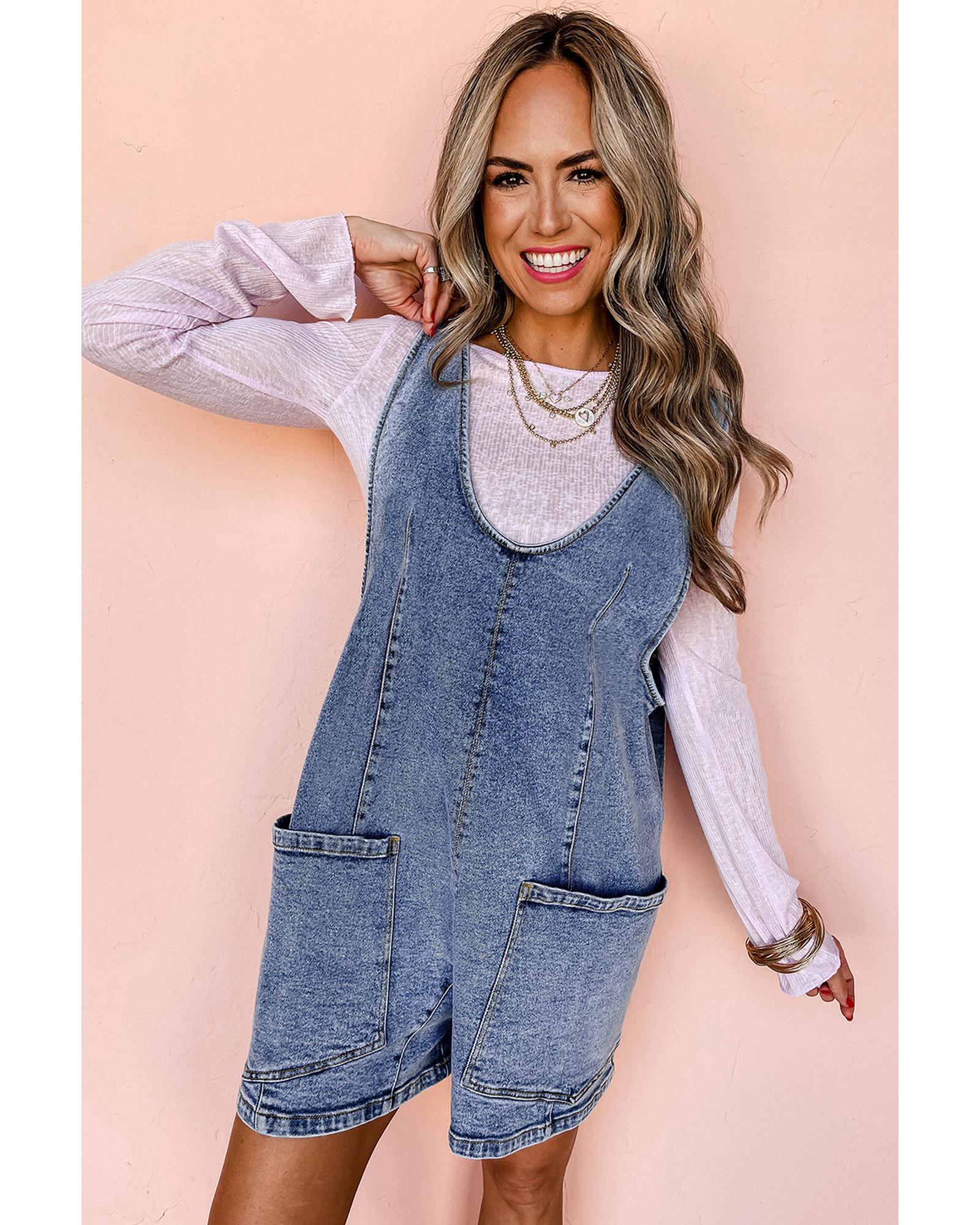 Dusk Blue Sleeveless U Neck Patched Pocket Denim Romper - L