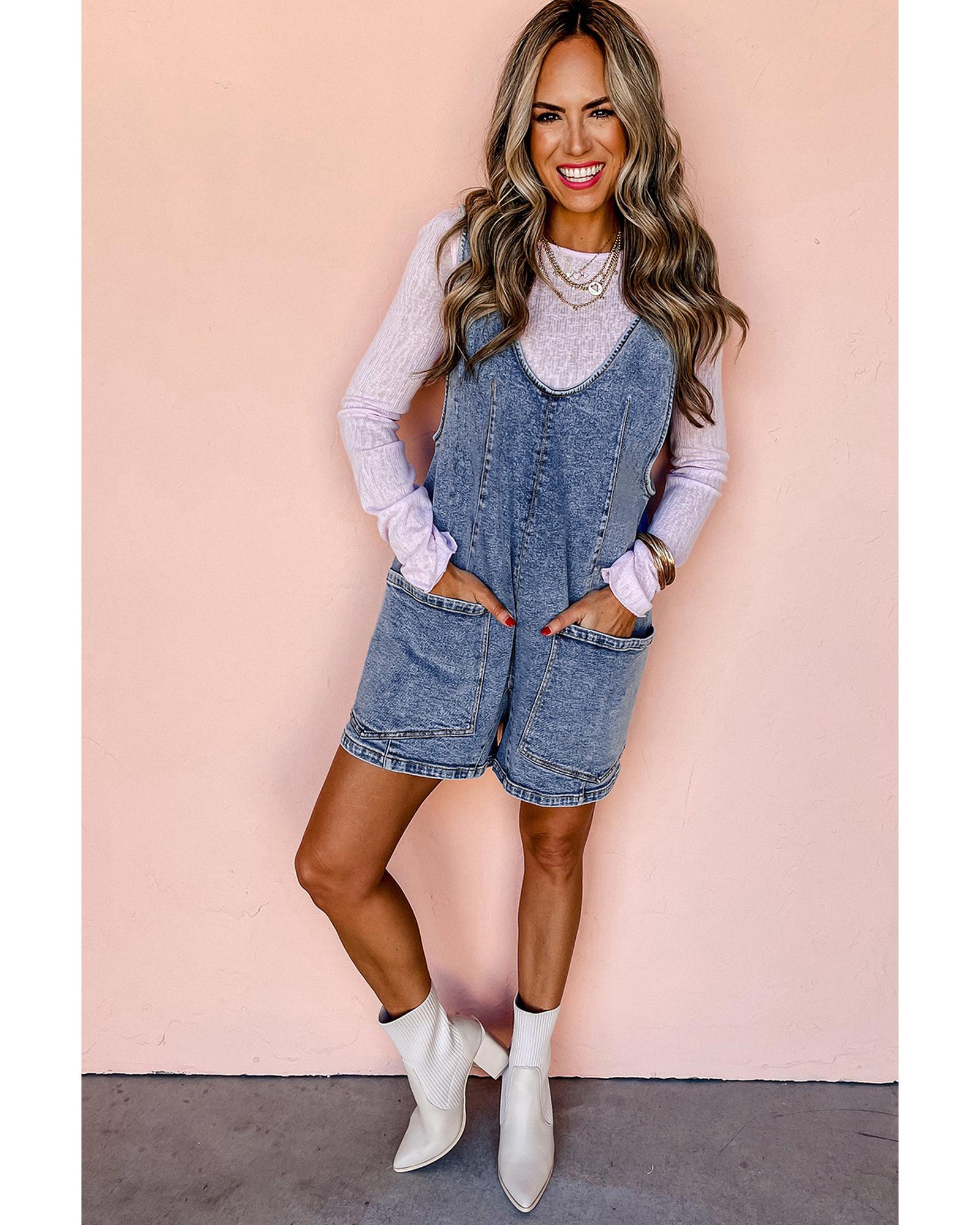 Dusk Blue Sleeveless U Neck Patched Pocket Denim Romper - L