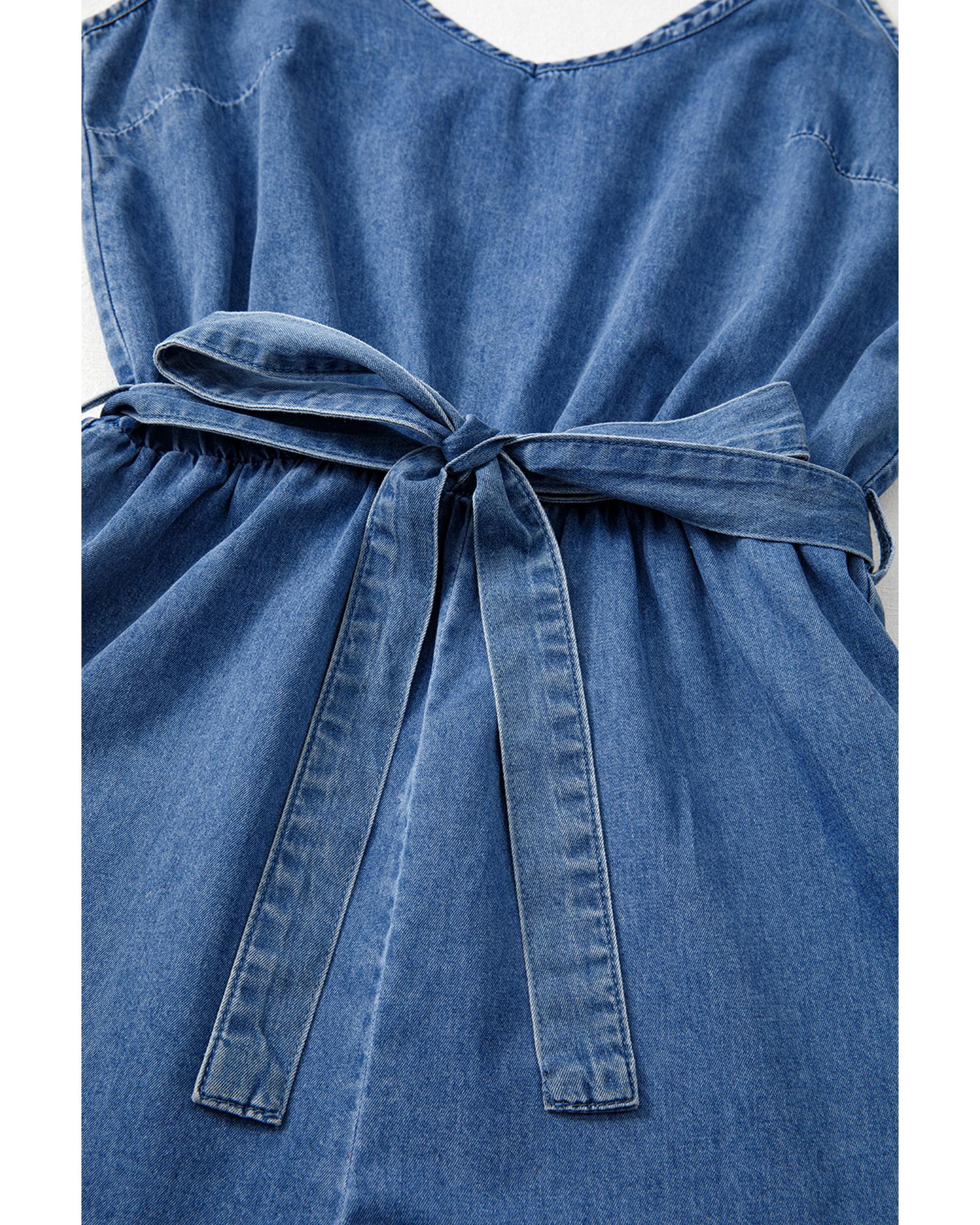 Ashleigh Blue Spaghetti Straps V Neck Belted Ruffled Leg Chambray Romper - L