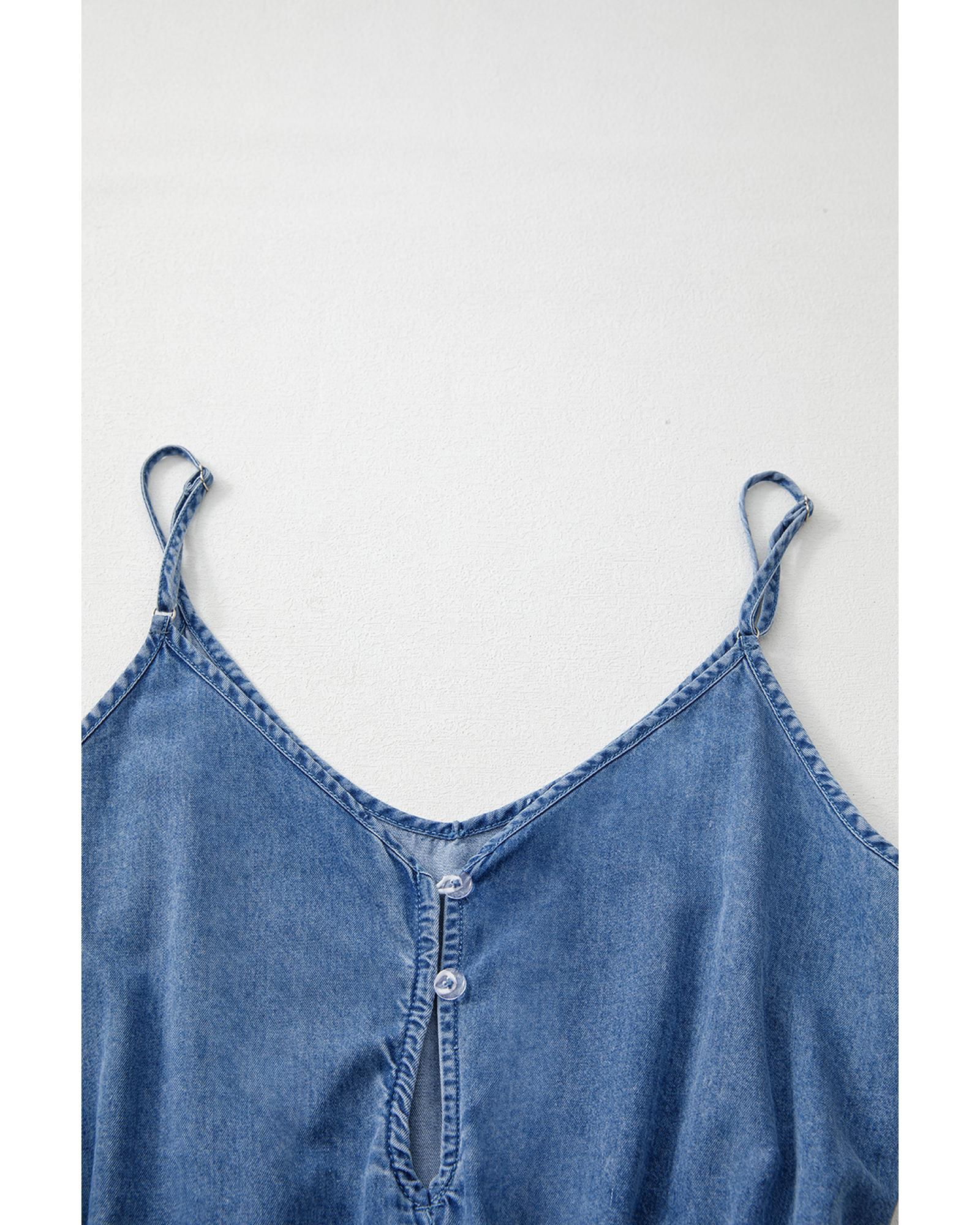 Ashleigh Blue Spaghetti Straps V Neck Belted Ruffled Leg Chambray Romper - M
