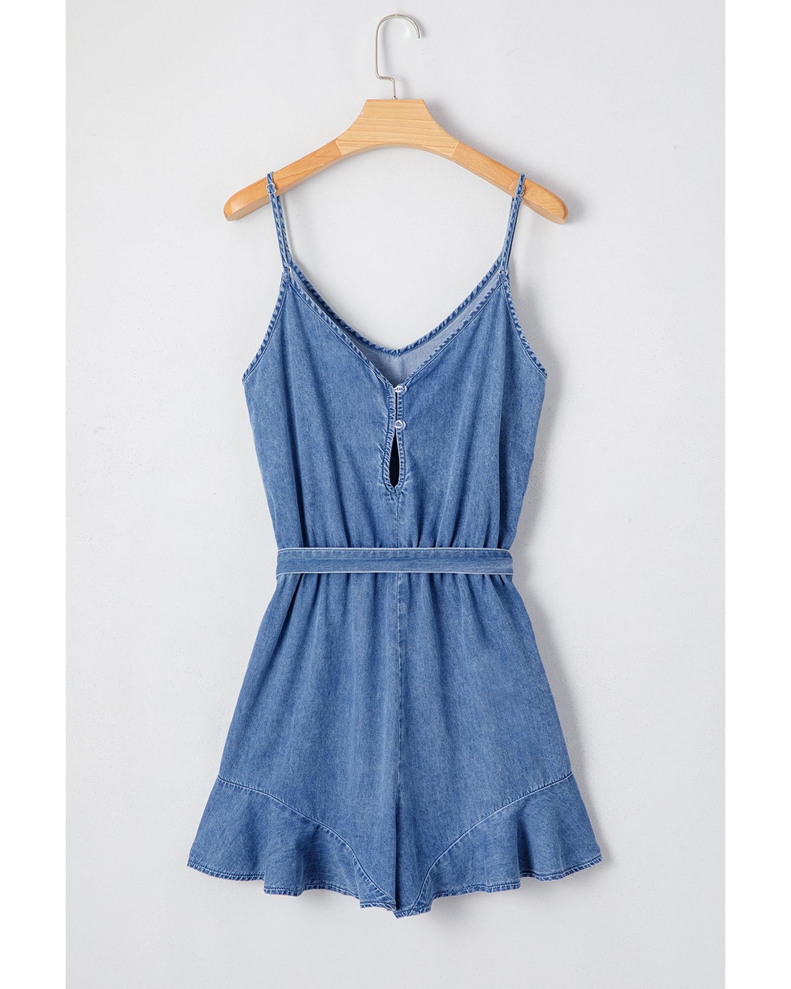 Ashleigh Blue Spaghetti Straps V Neck Belted Ruffled Leg Chambray Romper - S