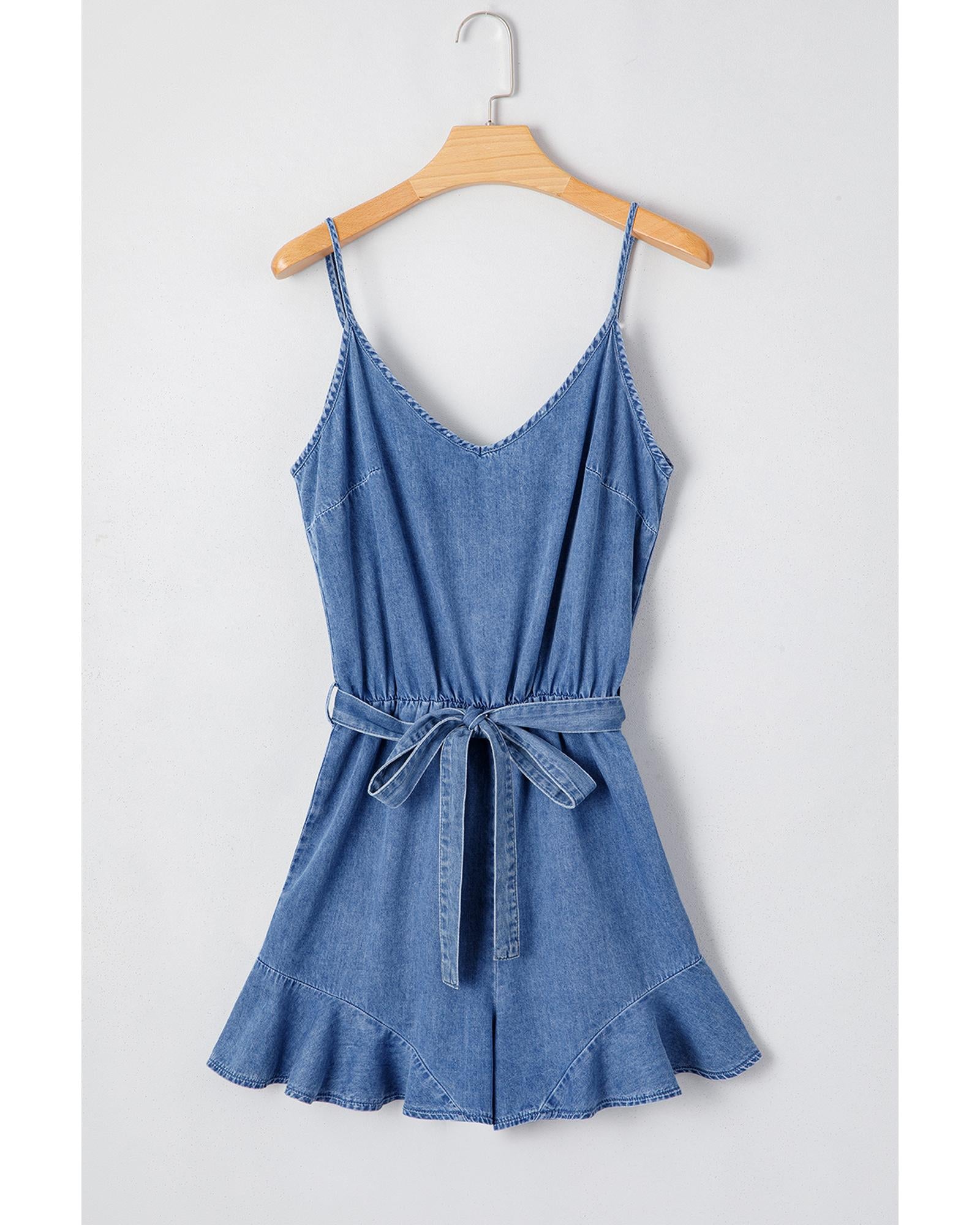 Ashleigh Blue Spaghetti Straps V Neck Belted Ruffled Leg Chambray Romper - XL