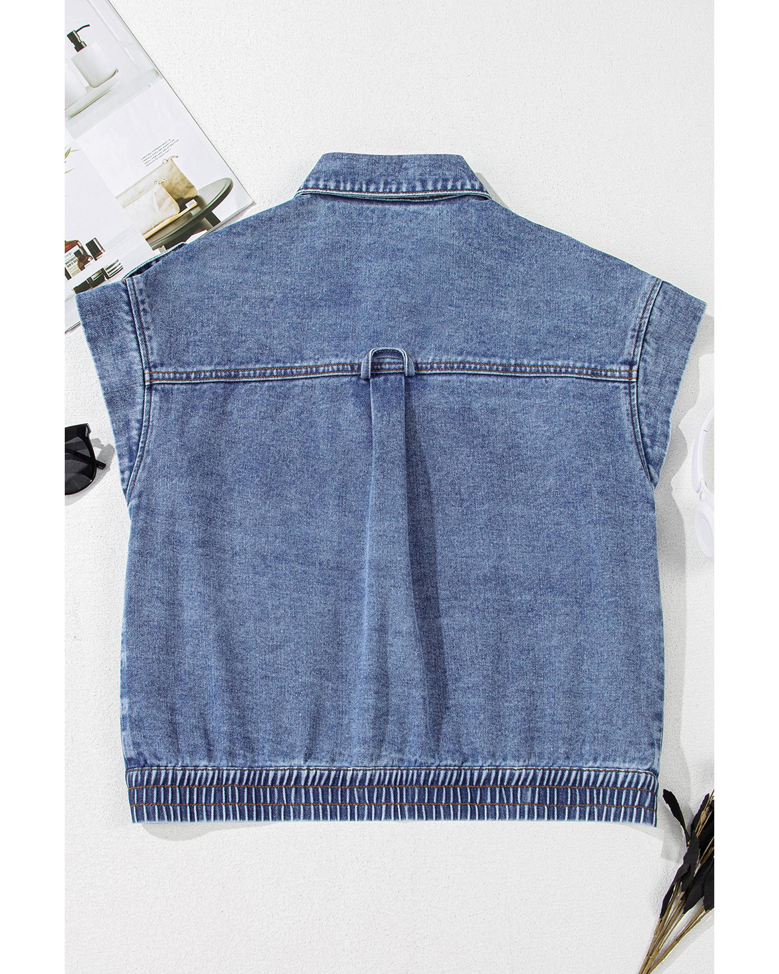 Ashleigh Blue Acid Wash Elastic Hem Button Up Denim Vest - XL