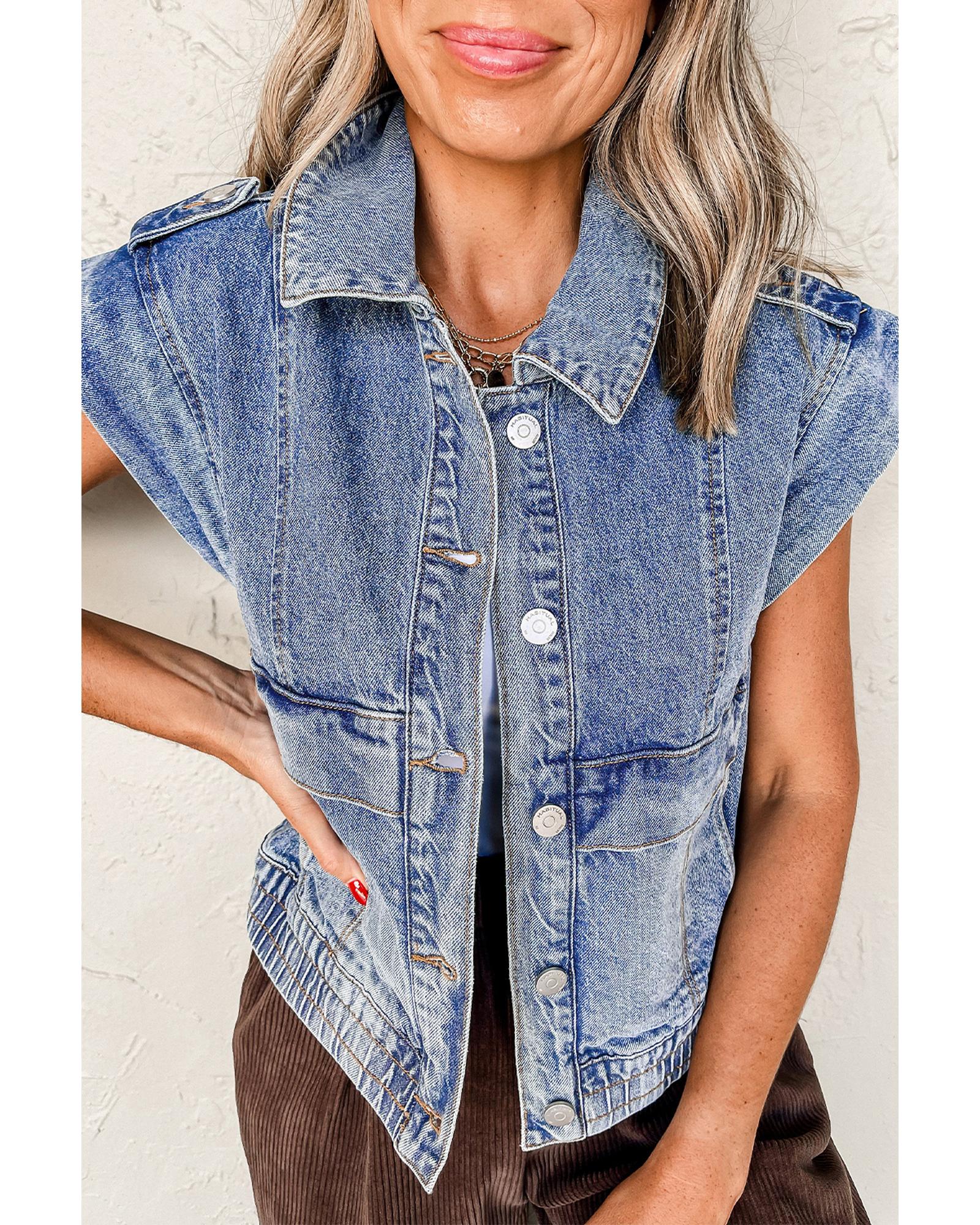 Ashleigh Blue Acid Wash Elastic Hem Button Up Denim Vest - XL