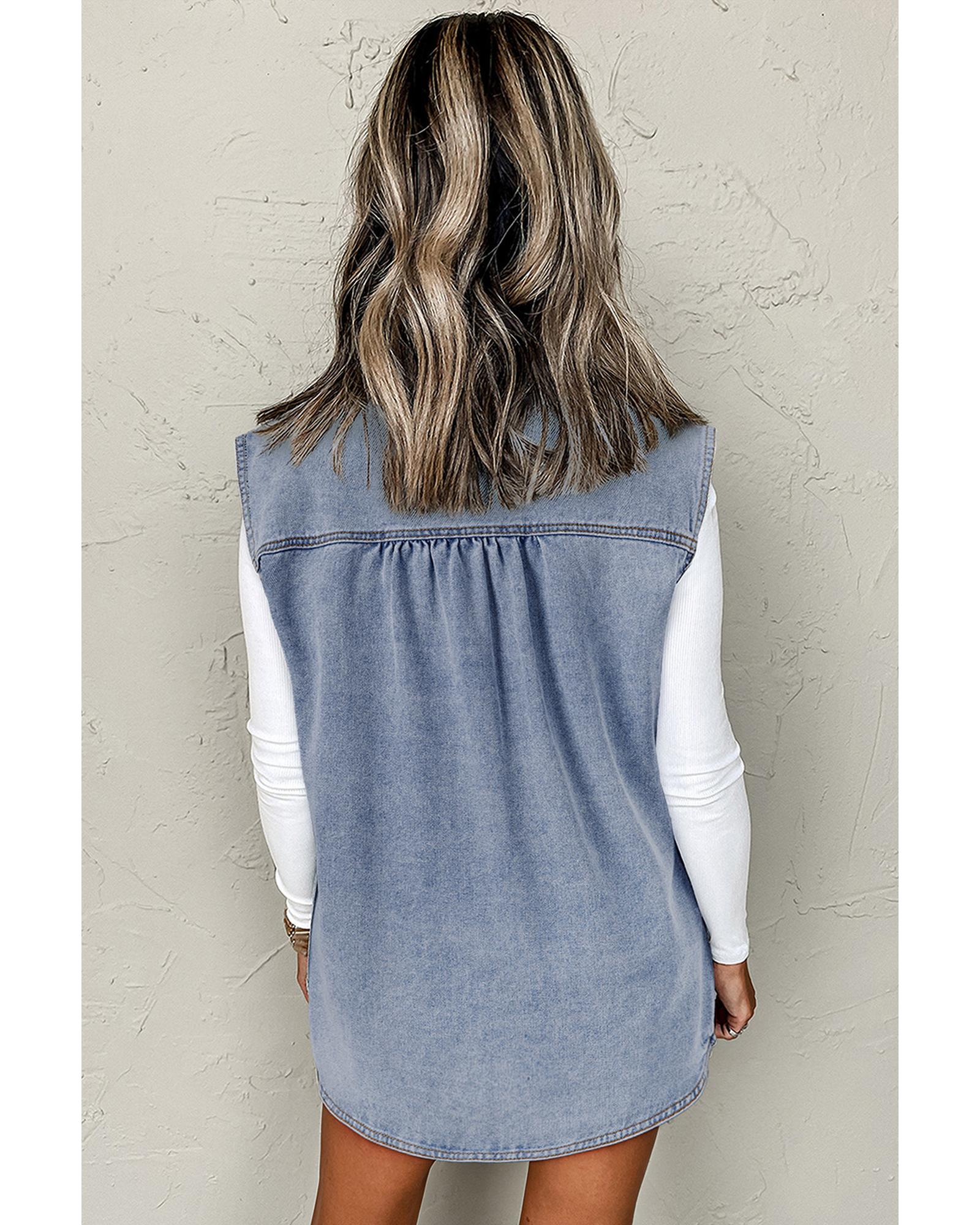 Beau Blue Denim Flap Pocket Curved Hem Shirt Vest - L