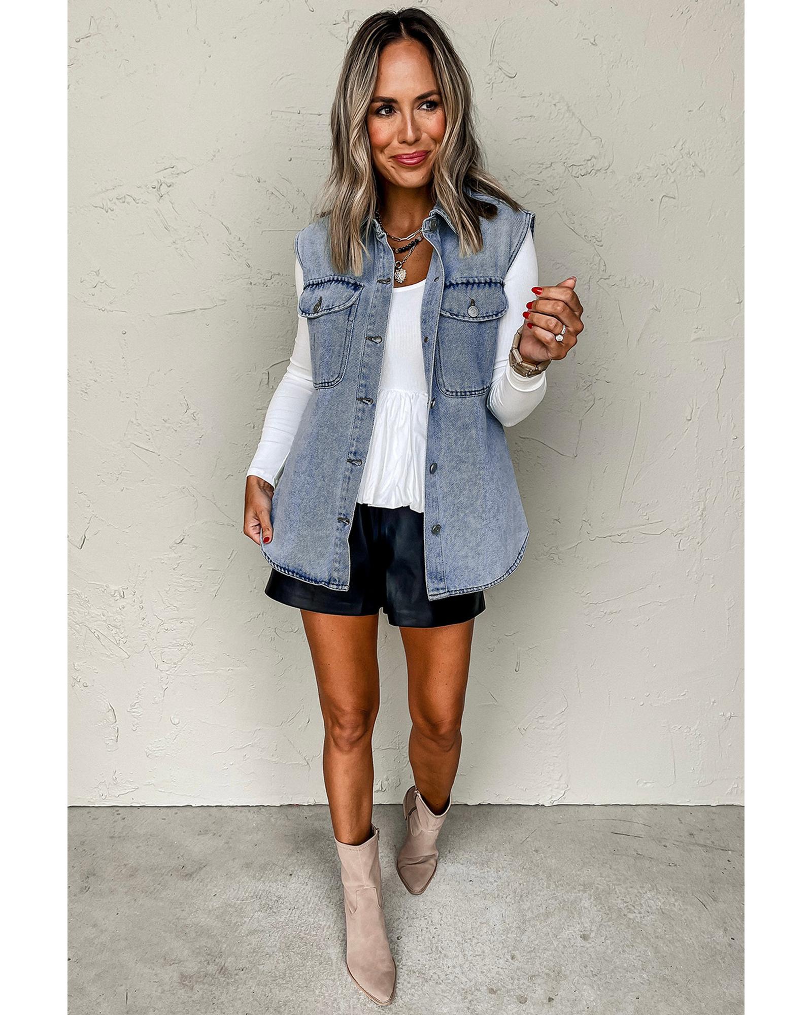 Beau Blue Denim Flap Pocket Curved Hem Shirt Vest - L